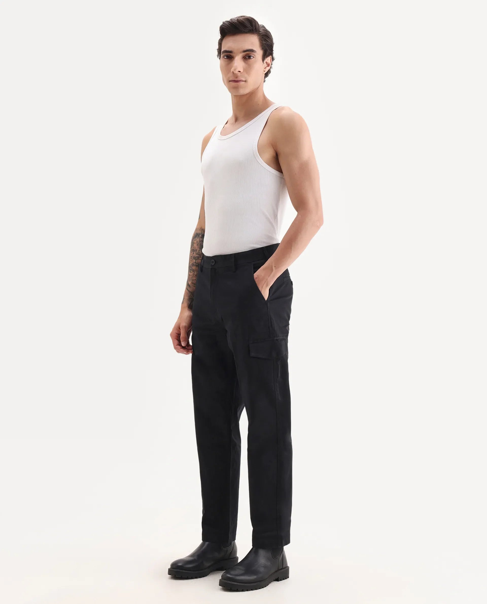 Rare Rabbit Men's Zipo Black Cotton Plain Regular Fit Trouser