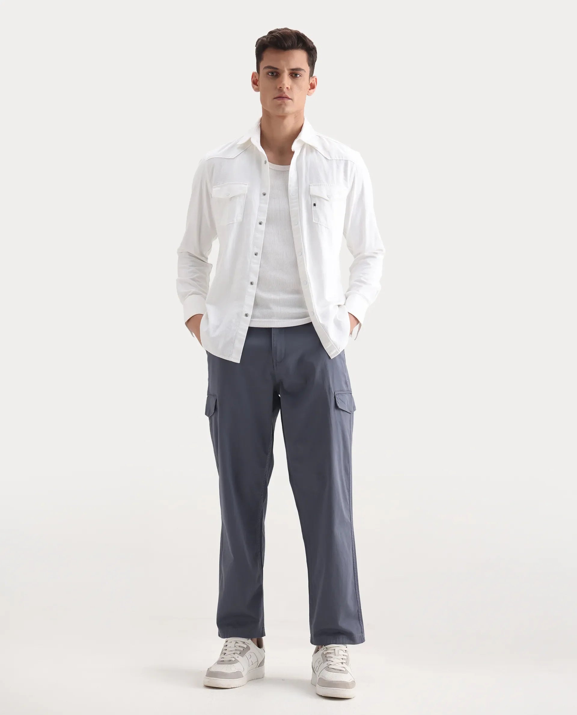 Rare Rabbit Men's Zipo Dusky Blue Cotton Plain Regular Fit Trouser