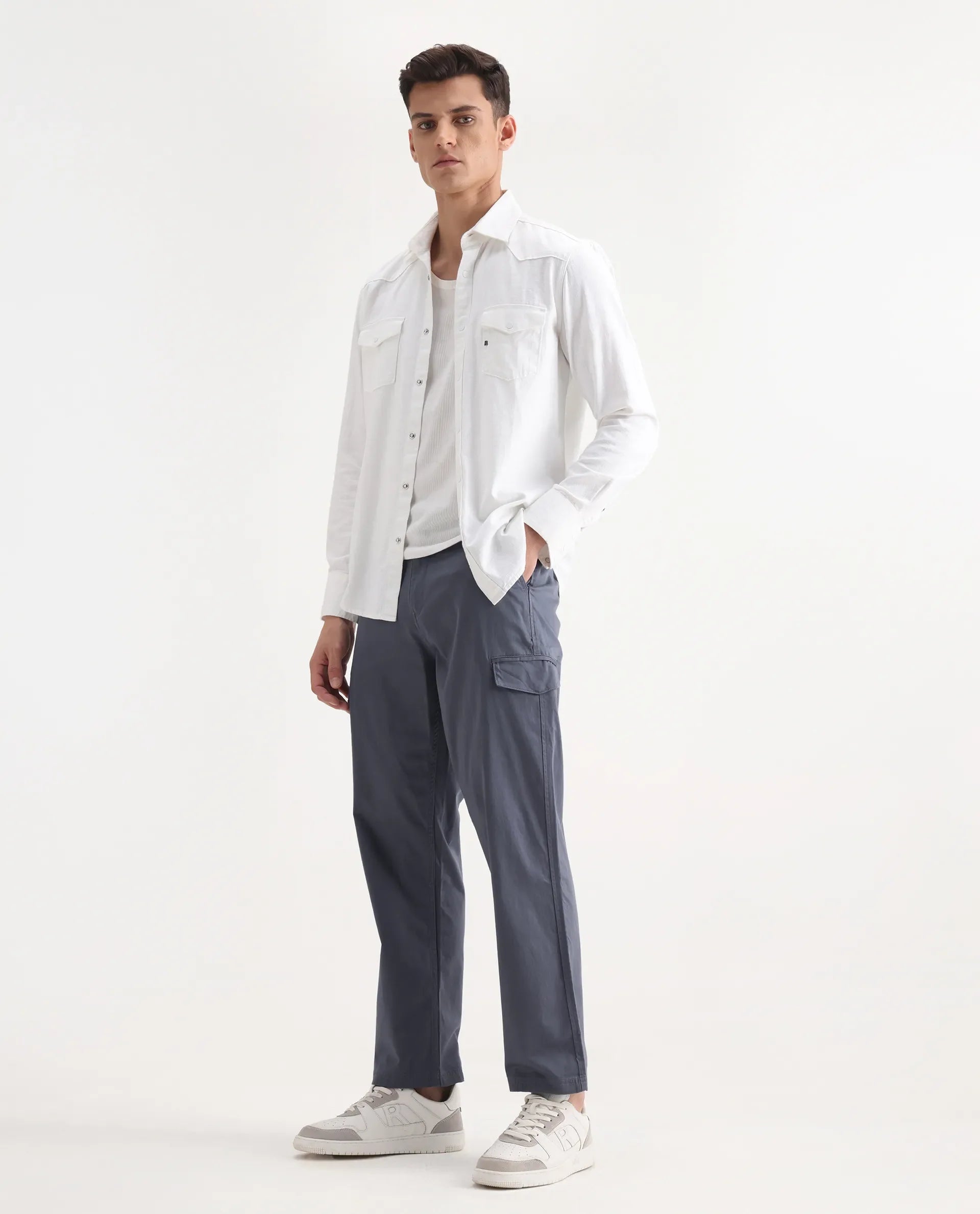Rare Rabbit Men's Zipo Dusky Blue Cotton Plain Regular Fit Trouser