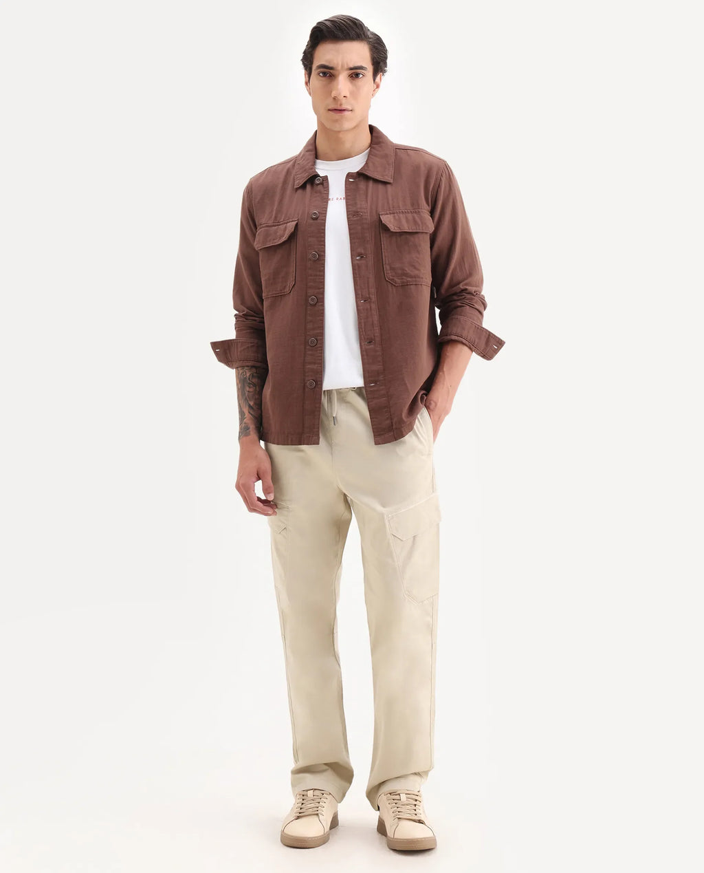 Rare Rabbit Men's Zudi Beige Cotton Plain Regular Fit Trouser