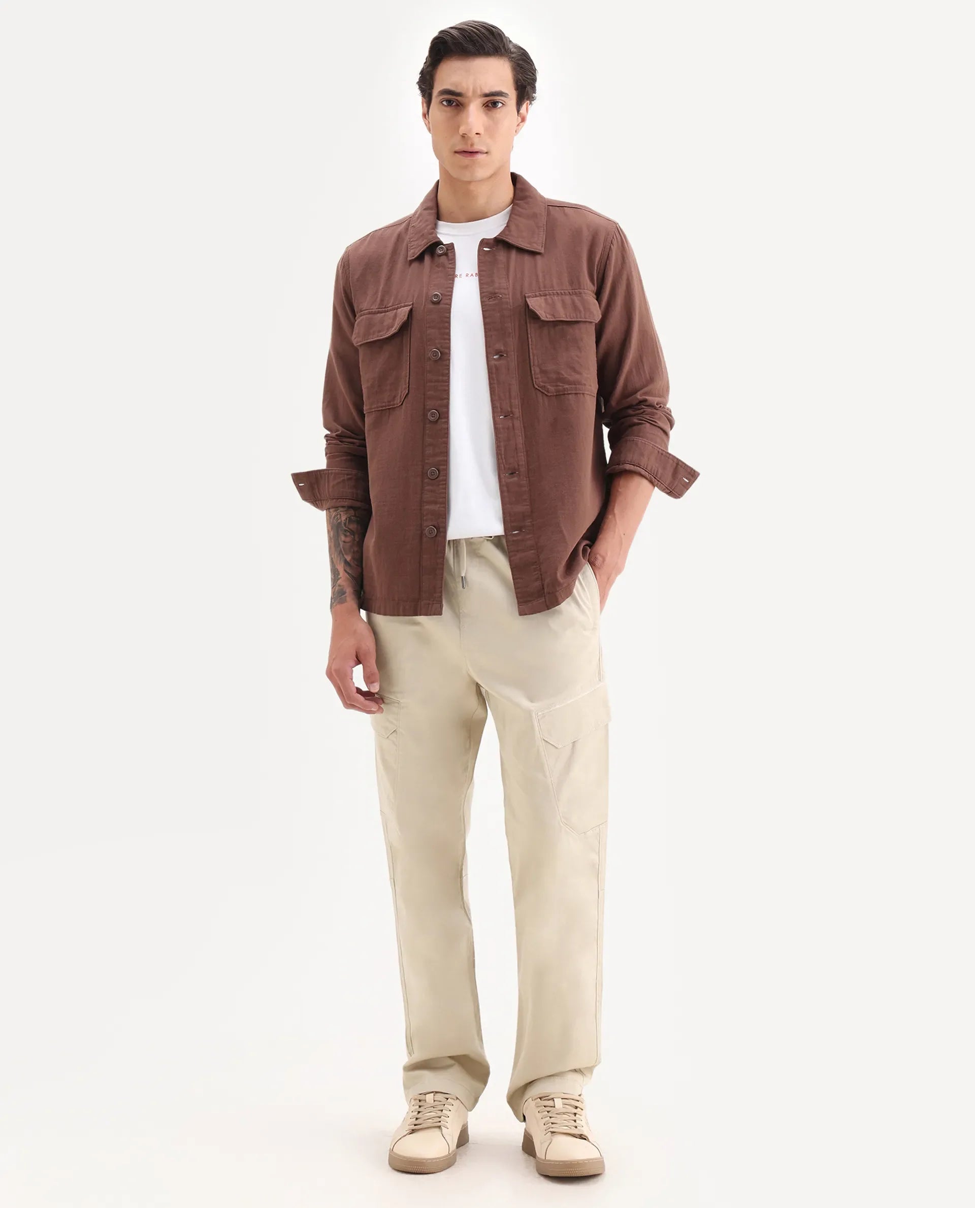 Rare Rabbit Men's Zudi Beige Cotton Plain Regular Fit Trouser