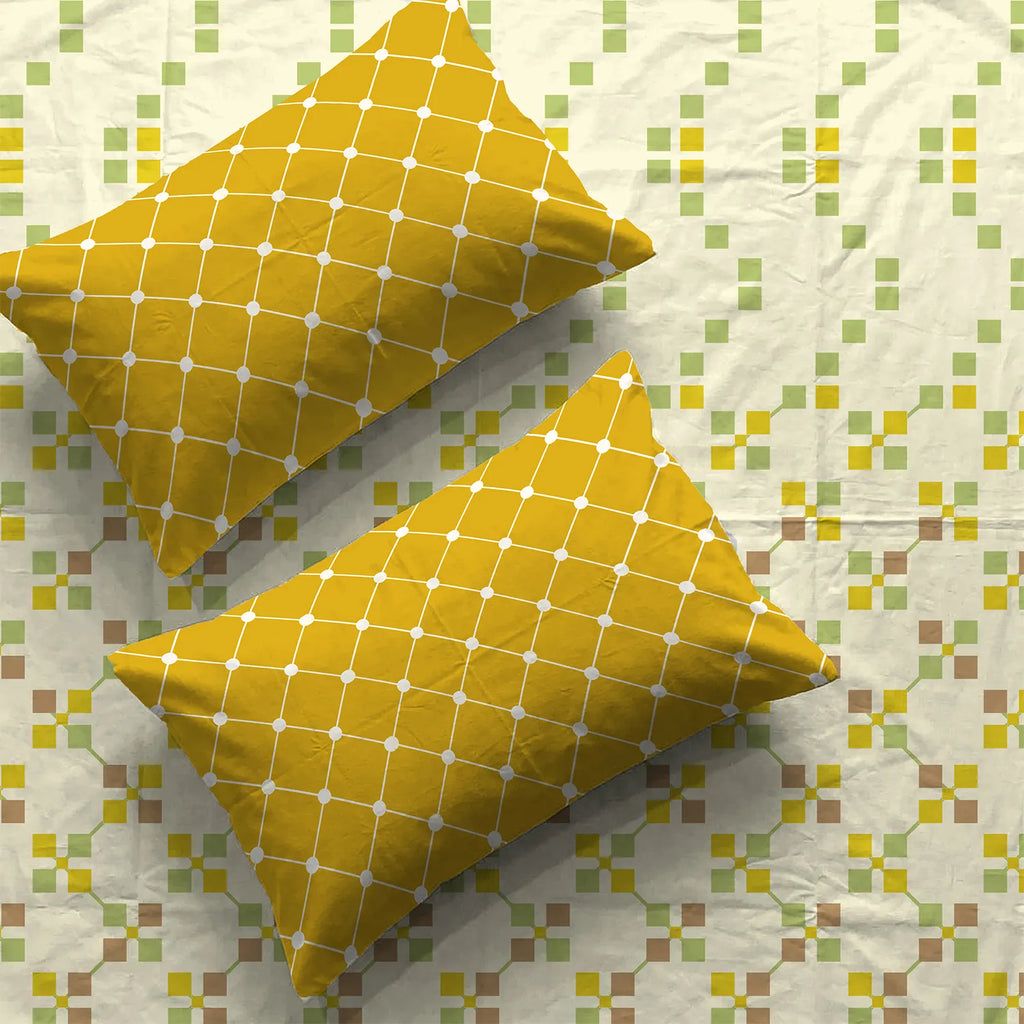 Divine Collection - Cotton Bedsheet With 2 Pillow Covers, Zen Blocks Yellow