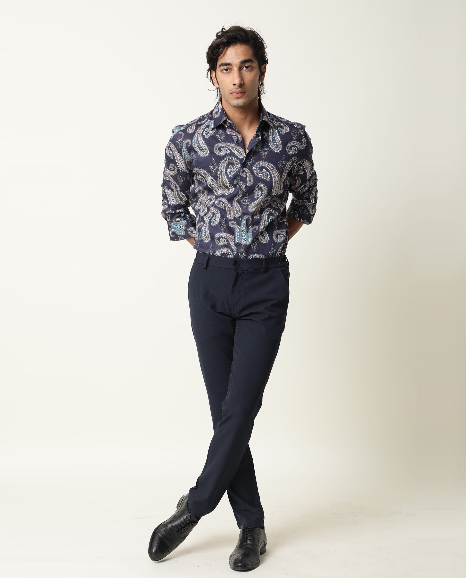 Rare Rabbit Men's Pazzo Navy Cotton Paisley Print Tailored Fit Full Sleeve Spread Collar Shirt