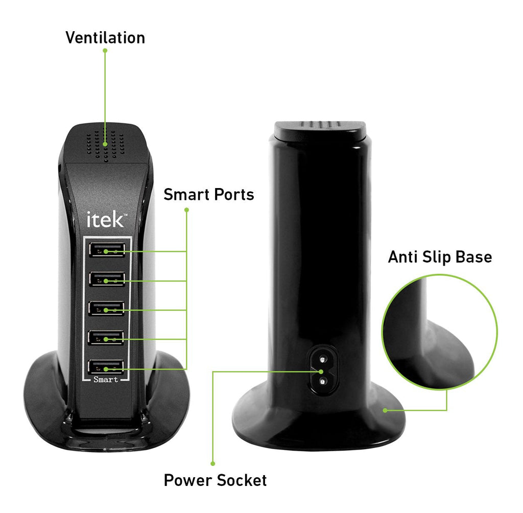 Itek WCH005 5 Port USB Desktop Wall Charging Multi Ports Rapid Adapter (Black)