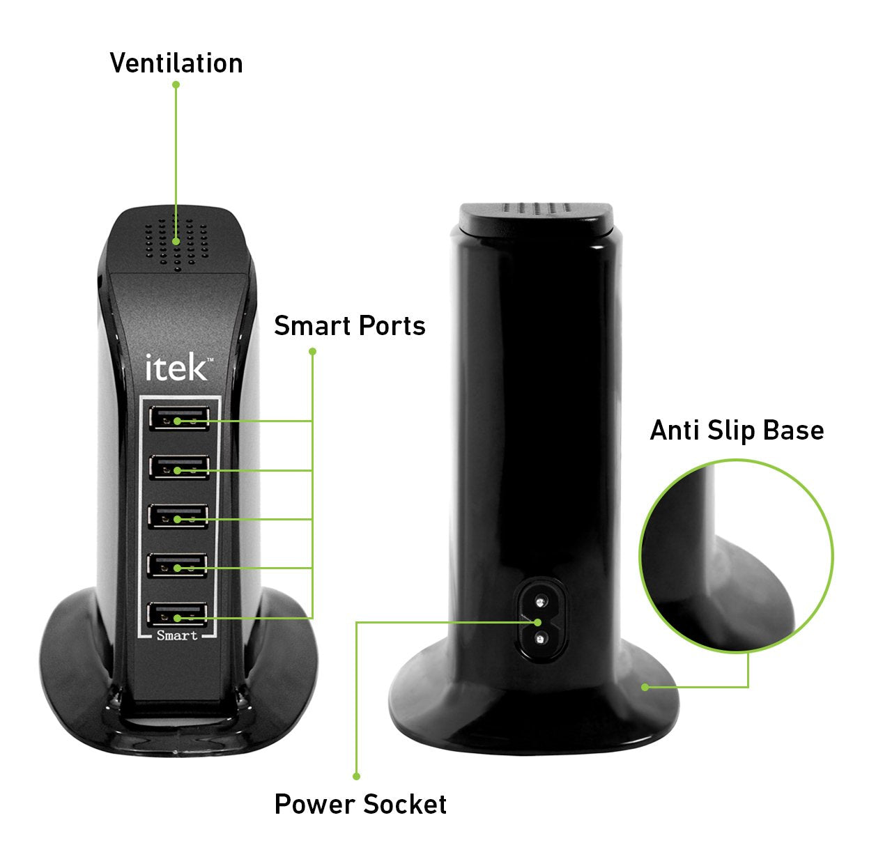Itek WCH005 5 Port USB Desktop Wall Charging Multi Ports Rapid Adapter (Black)