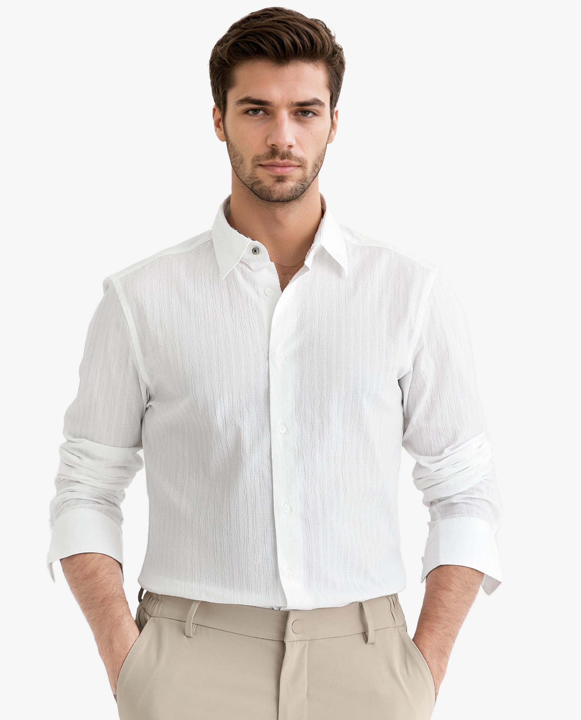 Rare Rabbit Men's Anemo White Cotton Striped Print Regular Fit Full Sleeve Collared Shirt
