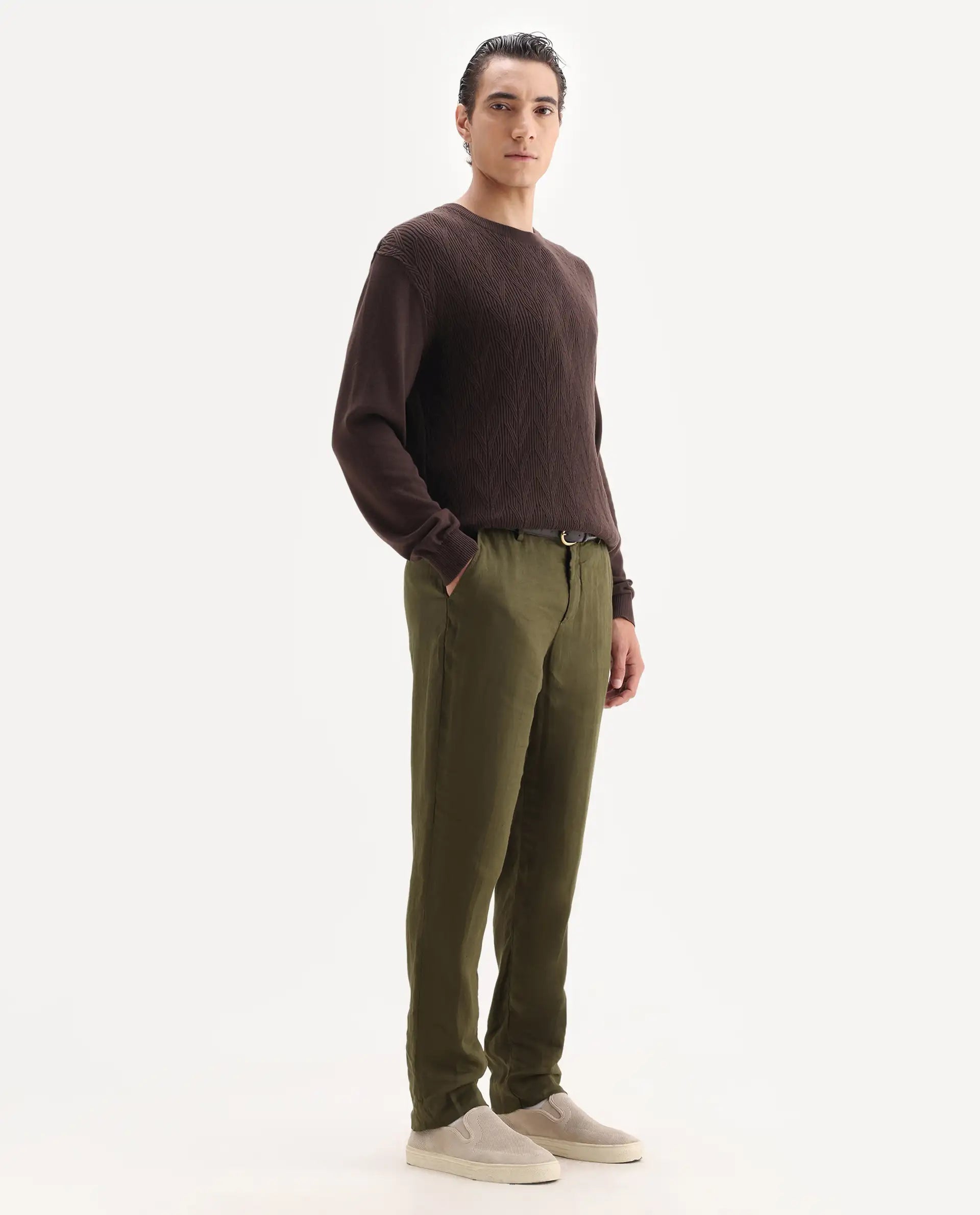 Rare Rabbit Men's Arcelo Olive 100% Linen Plain Regular Fit Trouser
