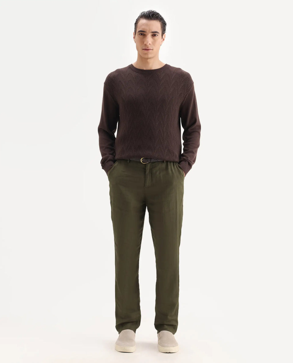 Rare Rabbit Men's Arcelo Olive 100% Linen Plain Regular Fit Trouser