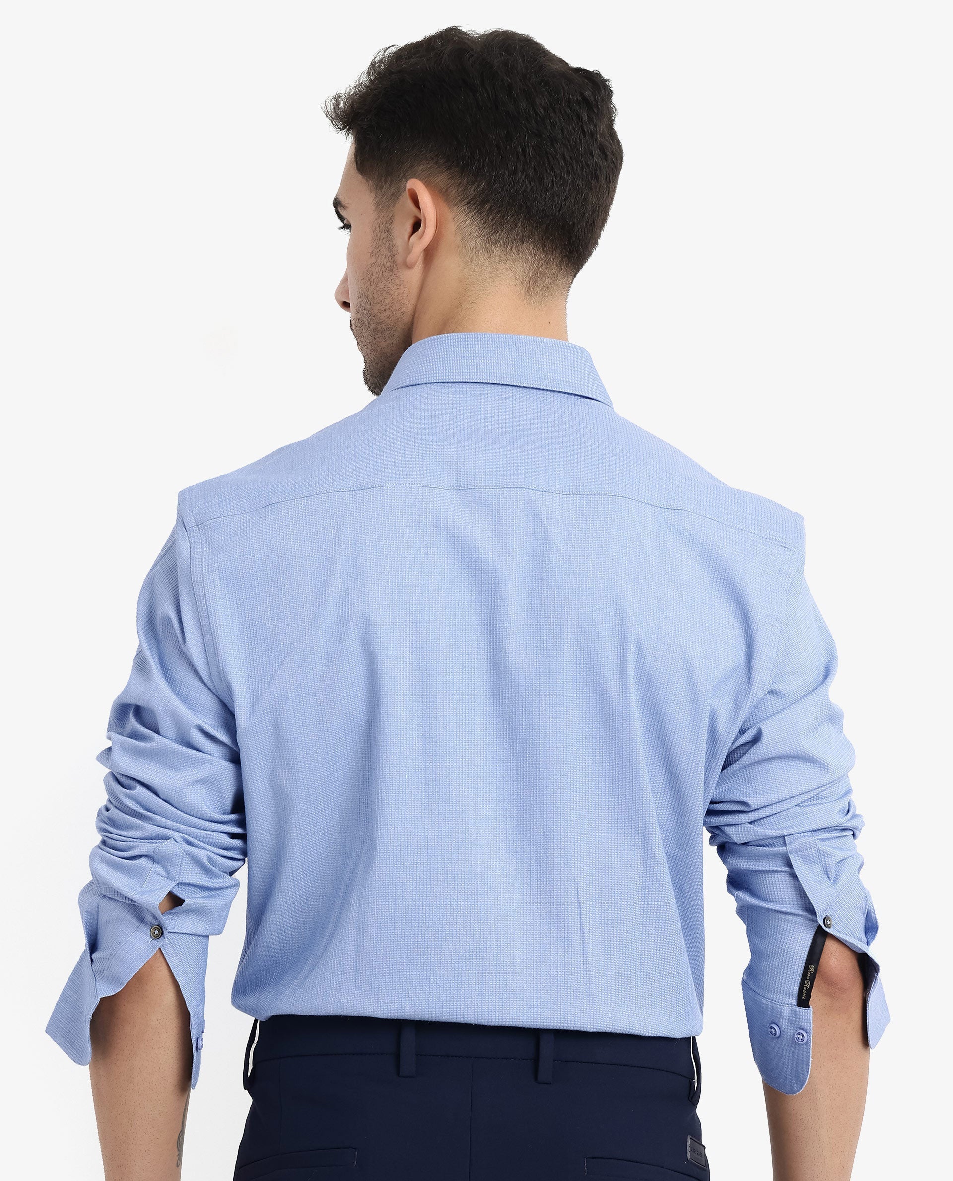 Rare Rabbit Men's Auxon Dusky Blue Cotton Textured Regular Fit Full Sleeve Collared Shirt