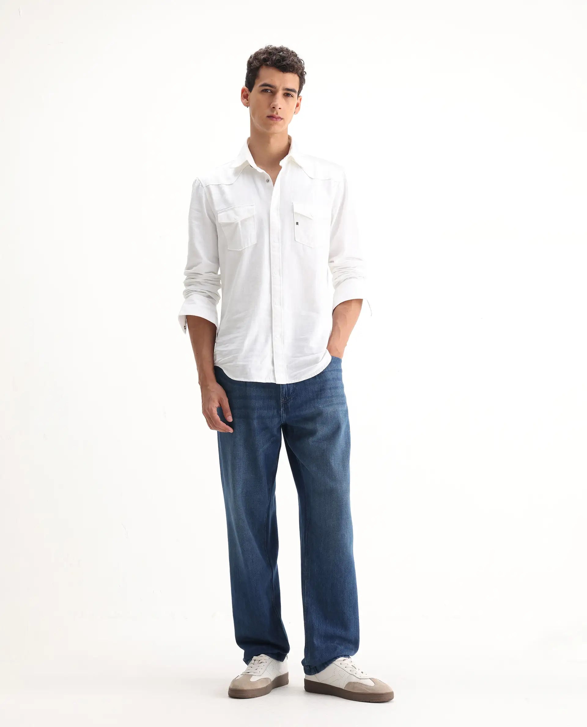 Rare Rabbit Men's Bagg Blue Cotton Plain Baggy Fit Jeans