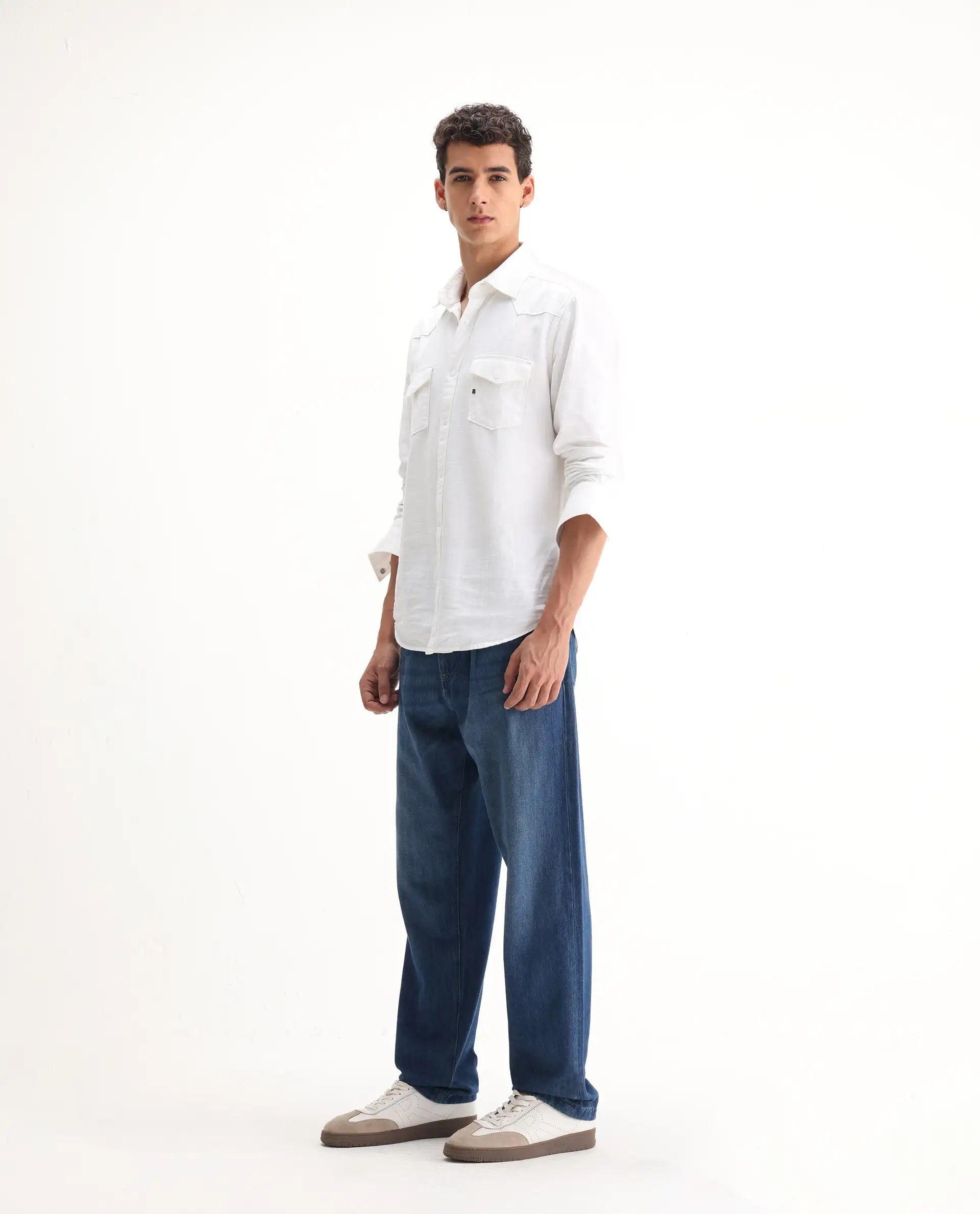 Rare Rabbit Men's Bagg Blue Cotton Plain Baggy Fit Jeans