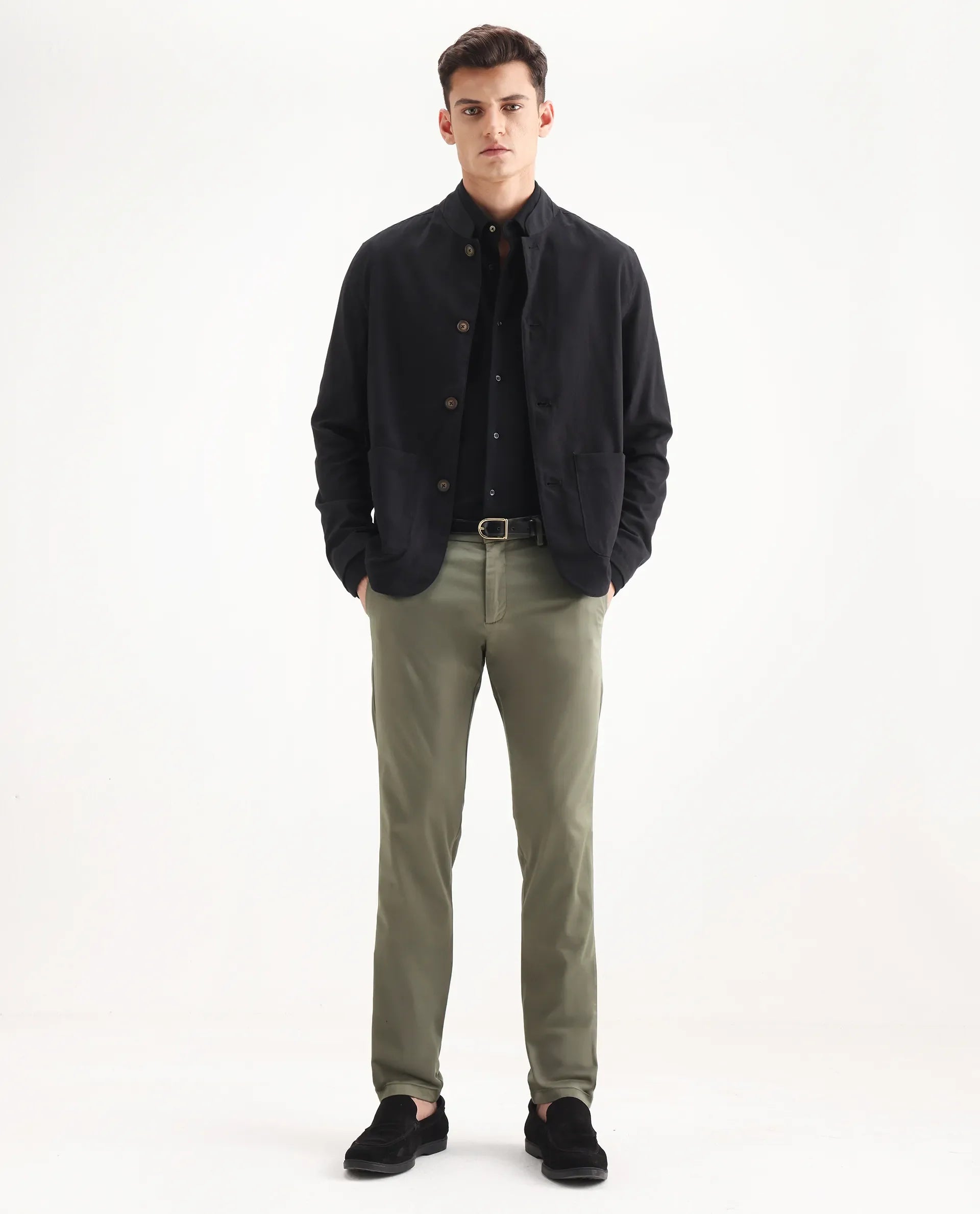 Rare Rabbit Men's Daron Olive Cotton Plain Regular Fit Trouser