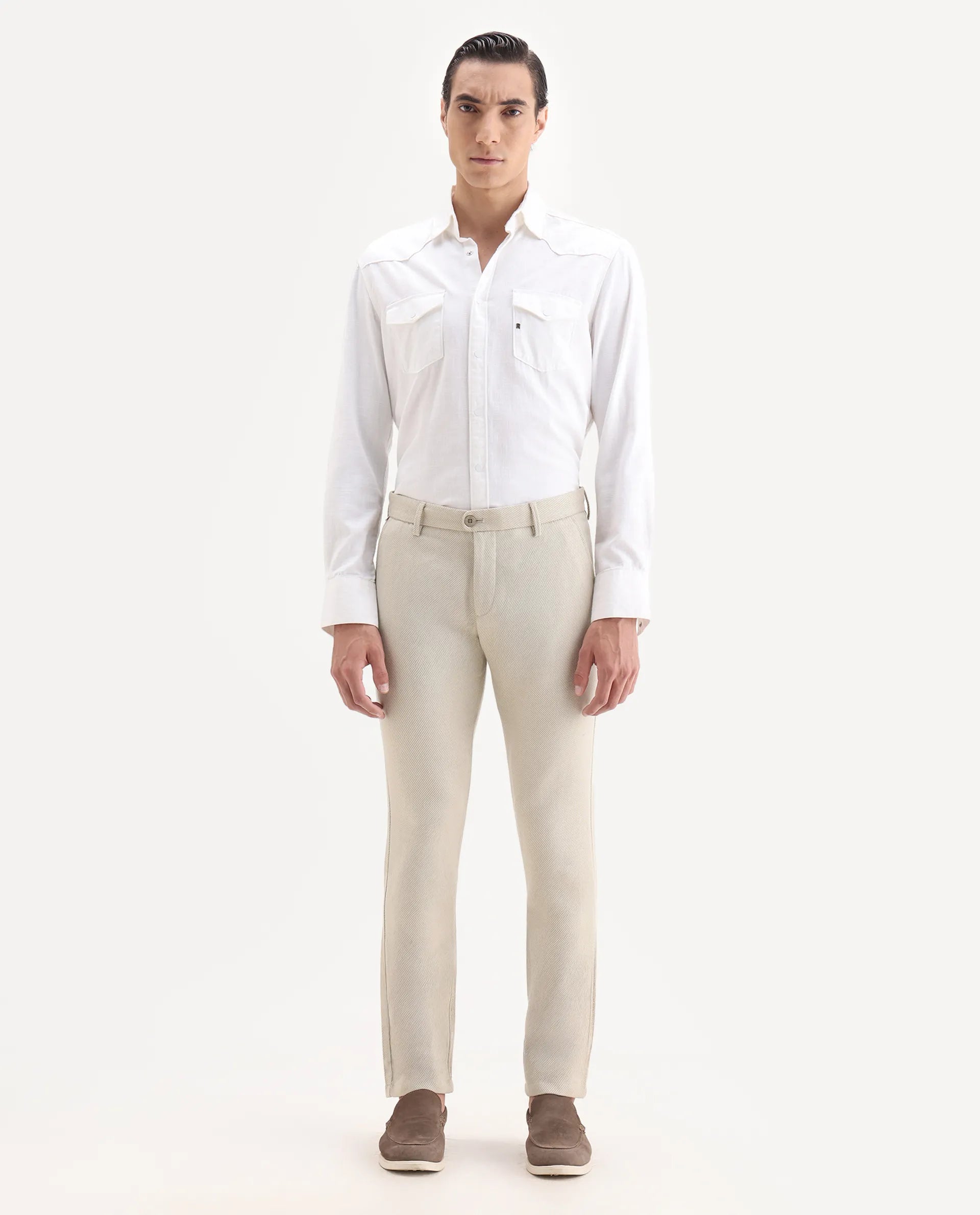 Rare Rabbit Men's Baxie Beige Plain Regular Fit Trouser