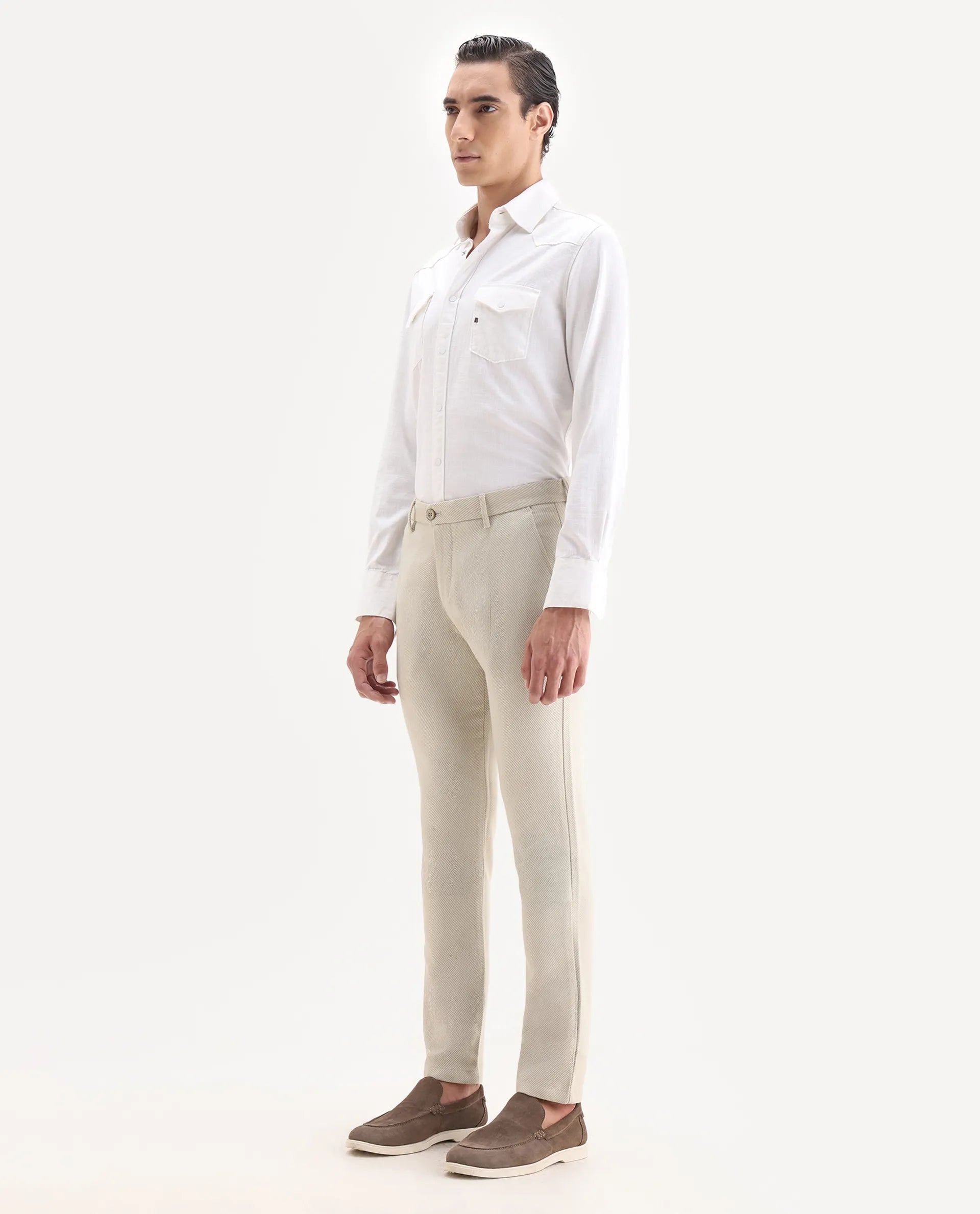Rare Rabbit Men's Baxie Beige Plain Regular Fit Trouser