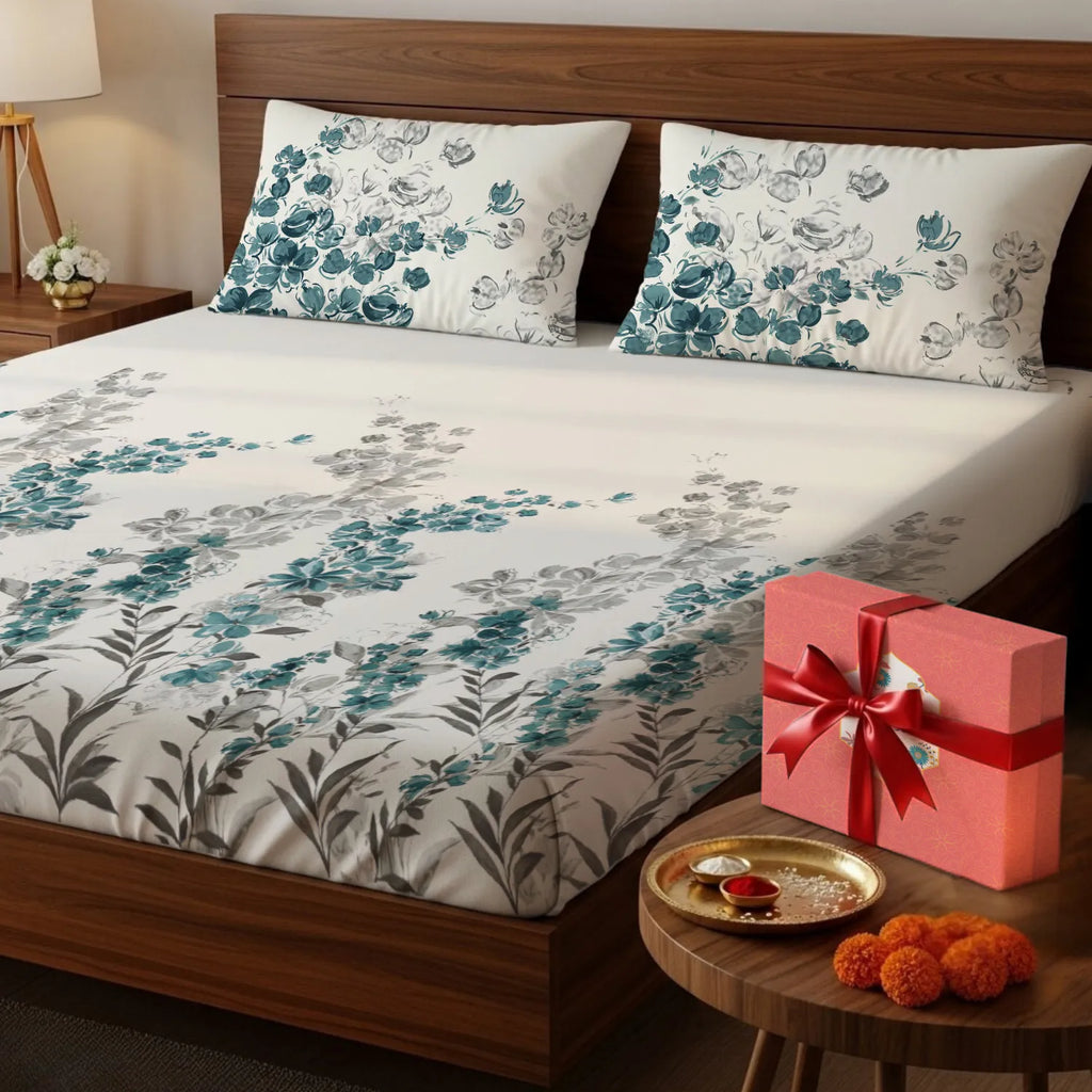200 TC 100% Cotton Bedsheet Set in Gift Box - Majestic Aqua