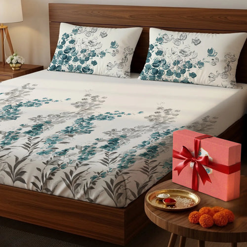 200 TC 100% Cotton Bedsheet Set in Gift Box - Majestic Aqua