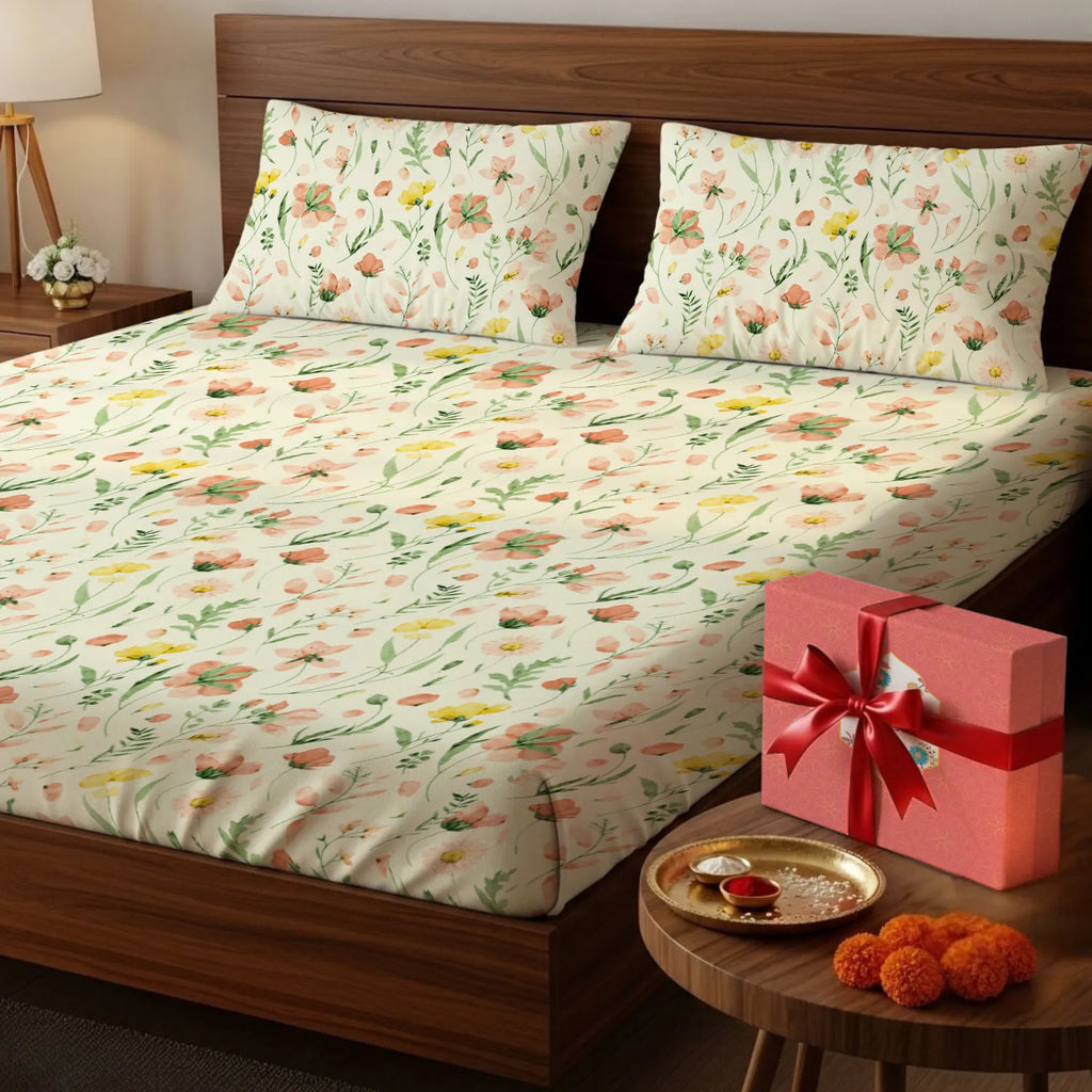 200 TC 100% Cotton Bedsheet Set in Gift Box - Meadows Buttercream
