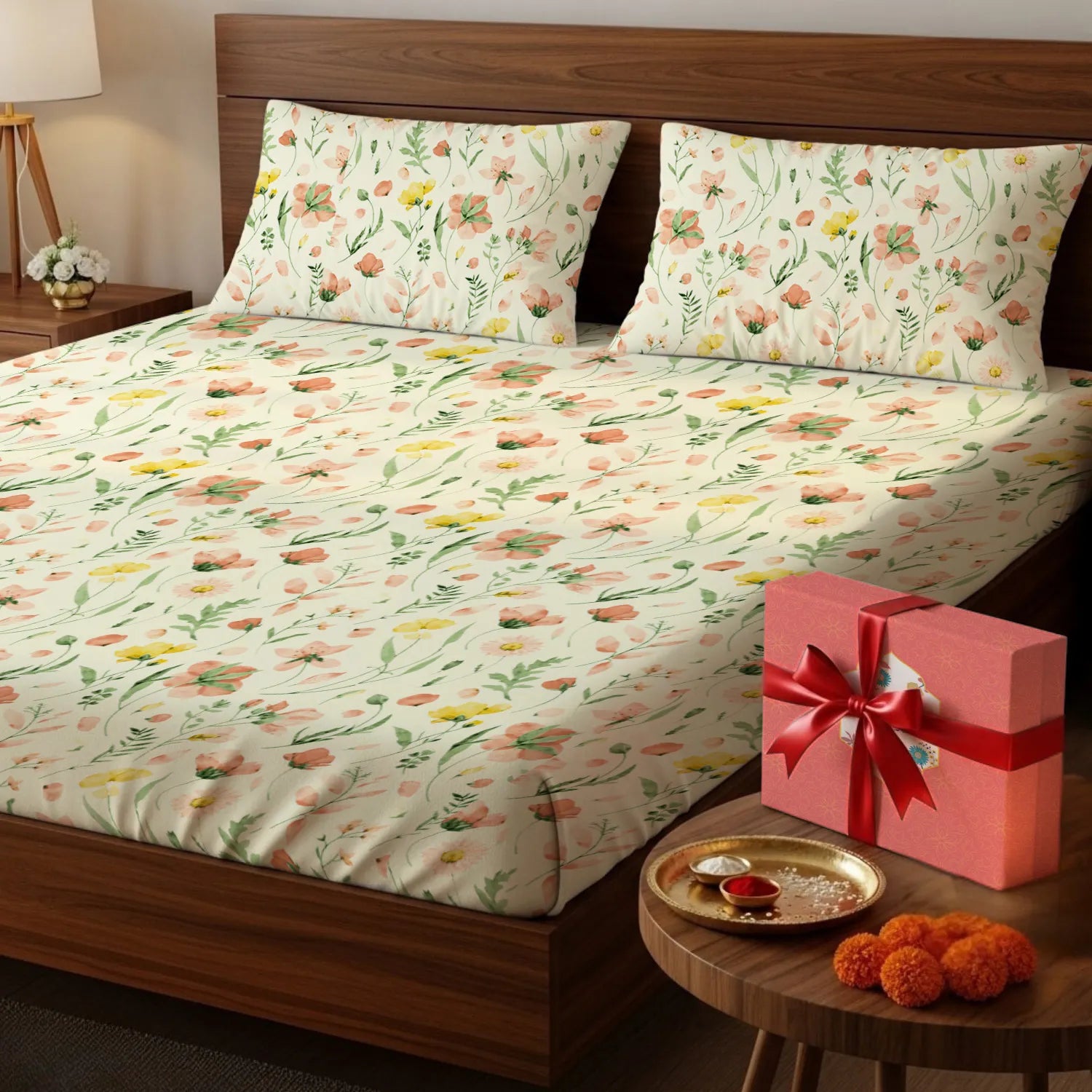 200 TC 100% Cotton Bedsheet Set in Gift Box - Meadows Buttercream