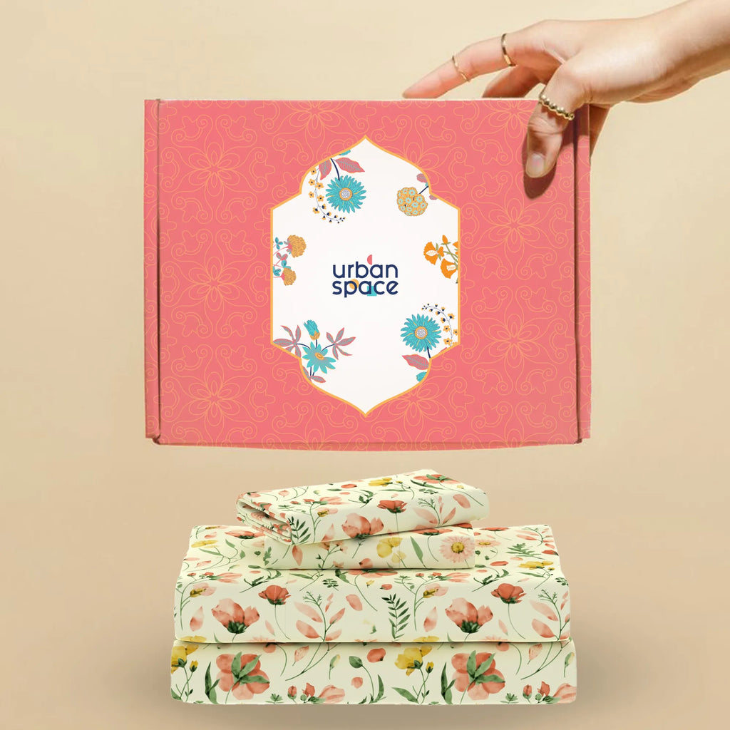 200 TC 100% Cotton Bedsheet Set in Gift Box - Meadows Buttercream
