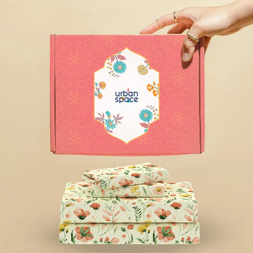 200 TC 100% Cotton Bedsheet Set in Gift Box - Meadows Buttercream
