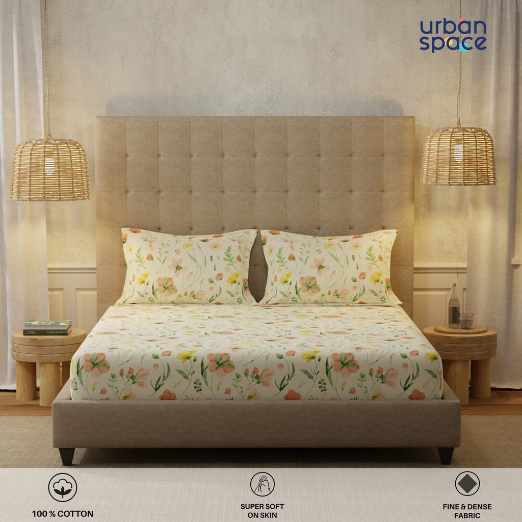 200 TC 100% Cotton Bedsheet Set in Gift Box - Meadows Buttercream