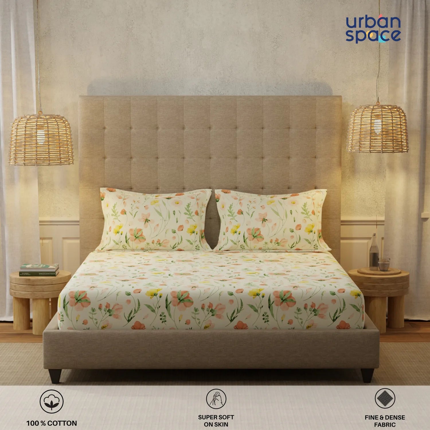 200 TC 100% Cotton Bedsheet Set in Gift Box - Meadows Buttercream