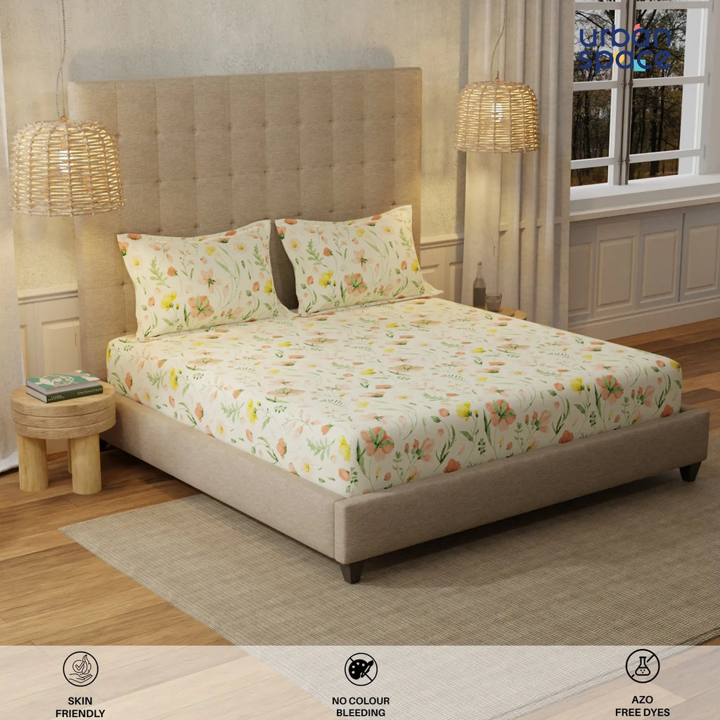 200 TC 100% Cotton Bedsheet Set in Gift Box - Meadows Buttercream