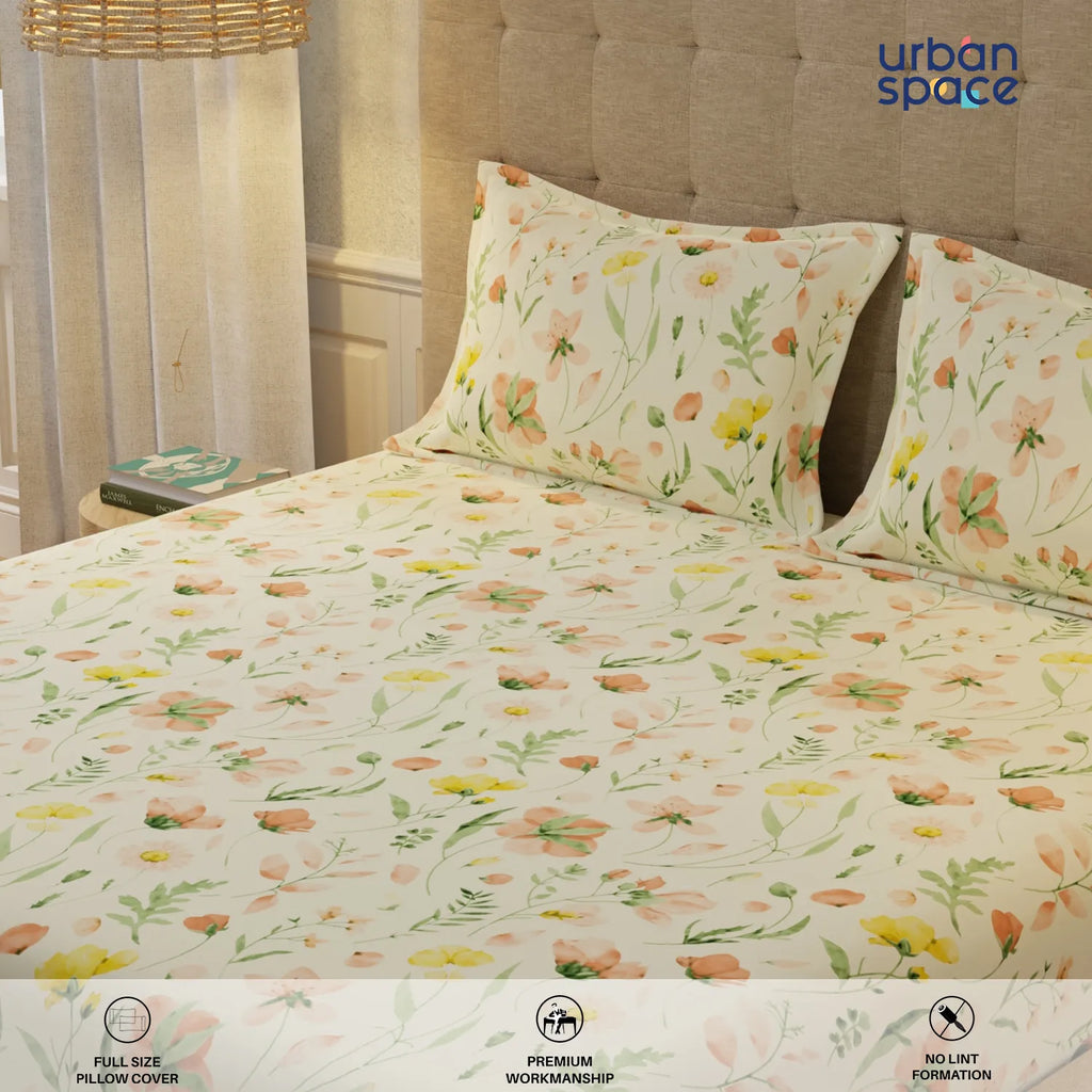 200 TC 100% Cotton Bedsheet Set in Gift Box - Meadows Buttercream