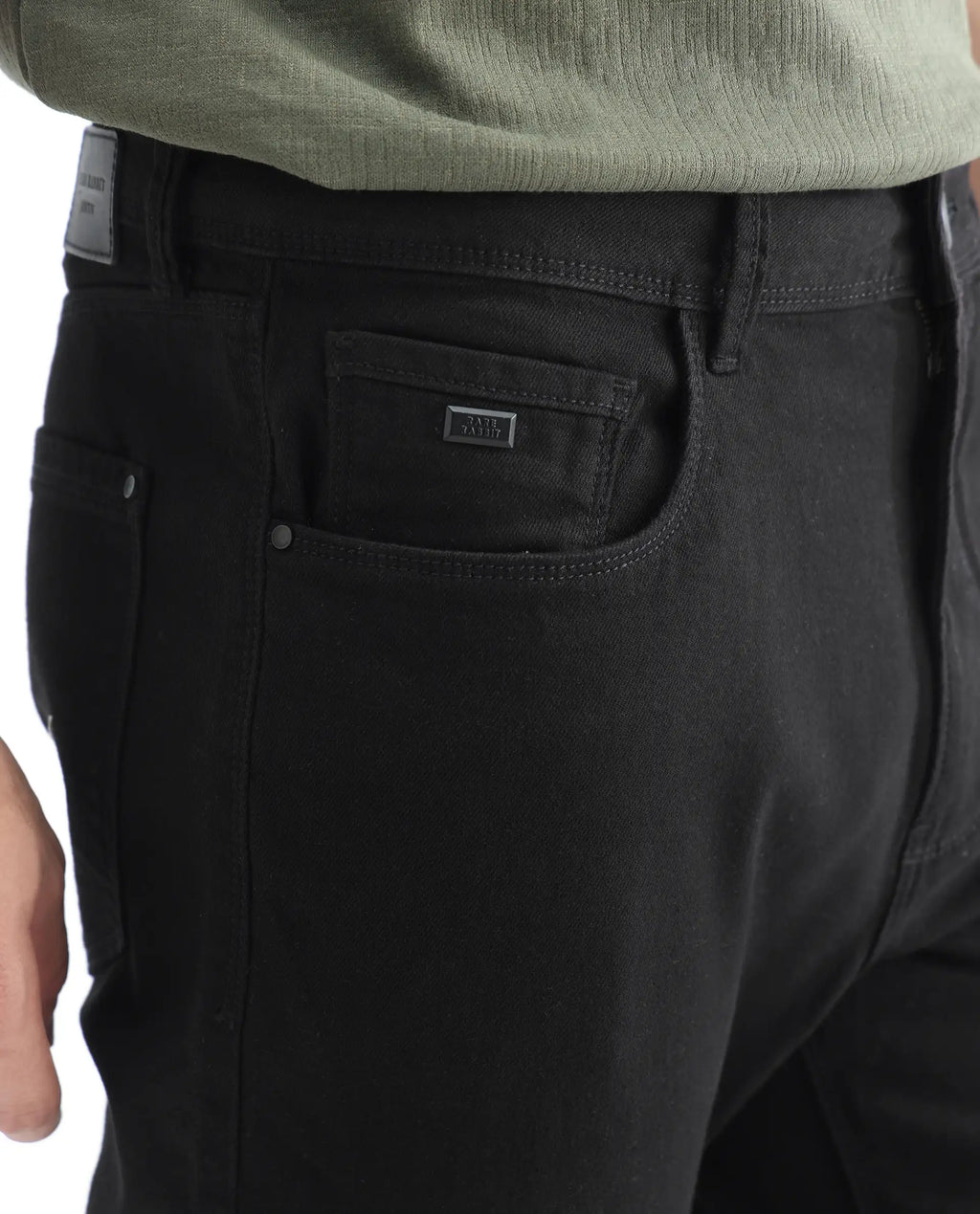 Rare Rabbit Men's Belarus Black Cotton Plain Hawk Slim Fit Jeans