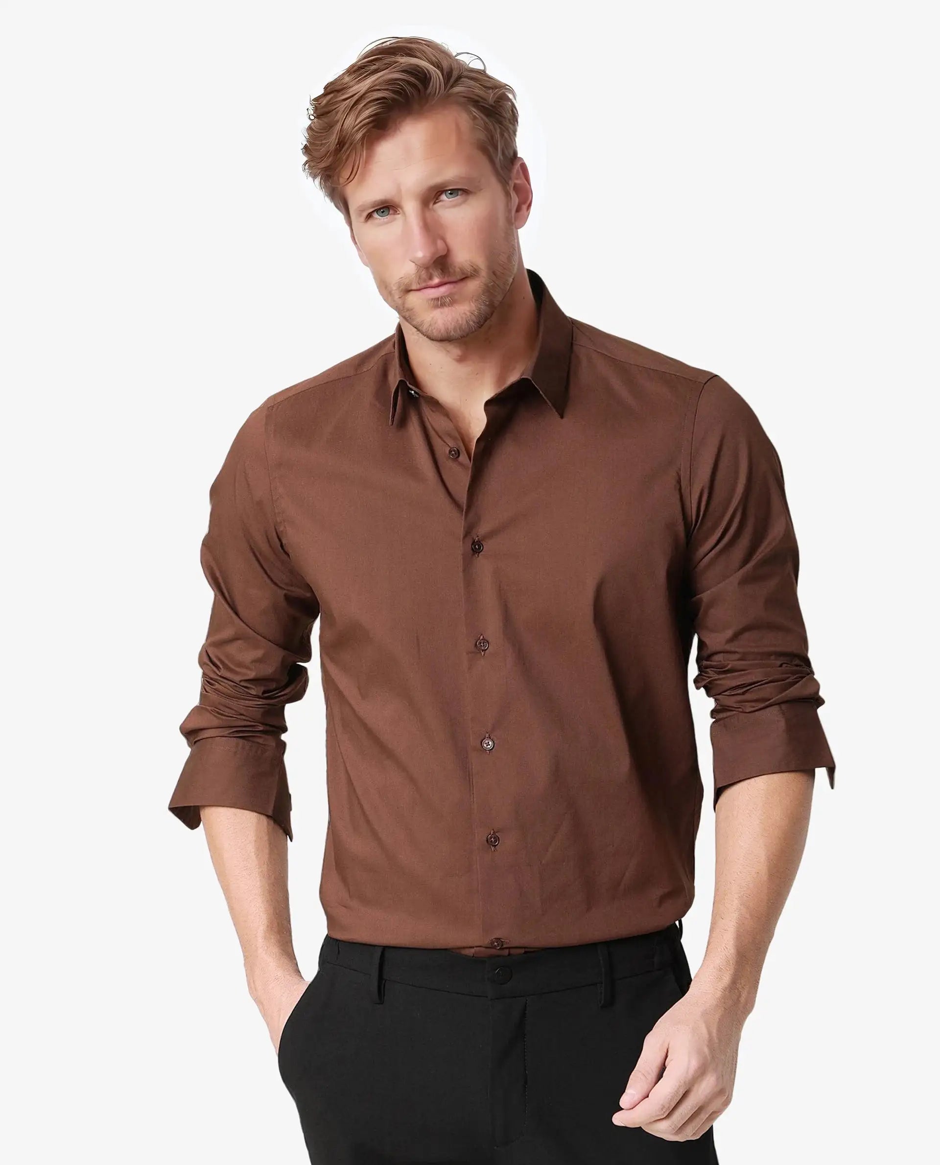 Rare Rabbit Men's Benedict Brown Cotton Plain Regular Fit Full Sleeve Collared Shirt
