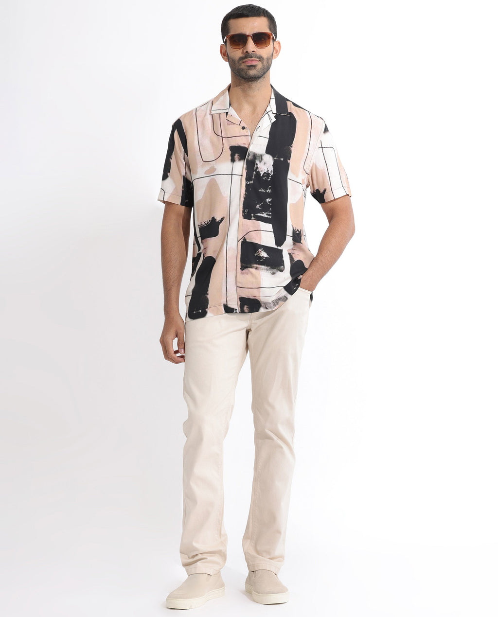 Rare Rabbit Men's Bexley Beige Viscose Abstract Print Regular Fit Half Sleeve Cuban Collar Shirt