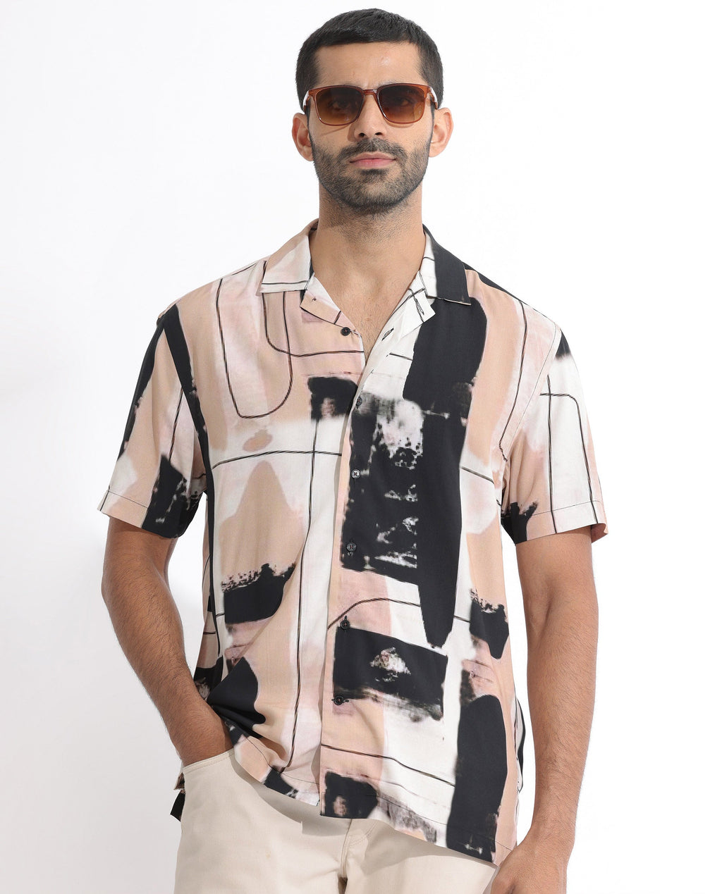 Rare Rabbit Men's Bexley Beige Viscose Abstract Print Regular Fit Half Sleeve Cuban Collar Shirt