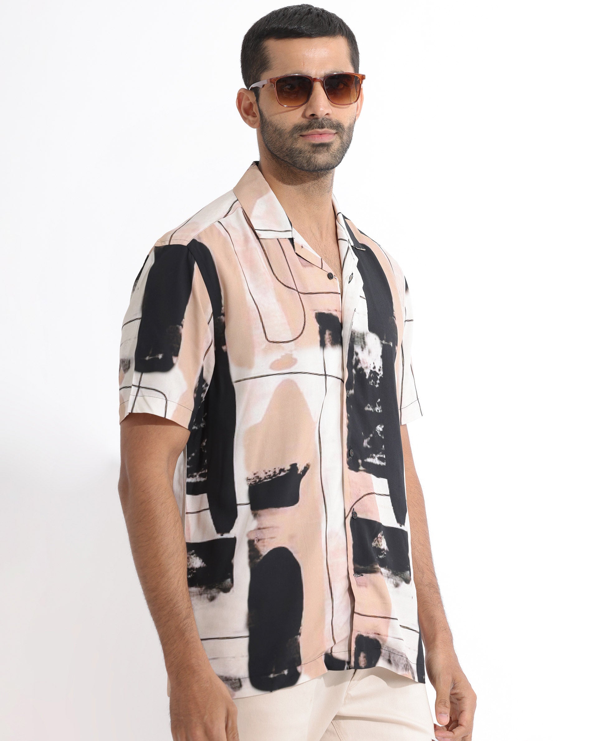 Rare Rabbit Men's Bexley Beige Viscose Abstract Print Regular Fit Half Sleeve Cuban Collar Shirt