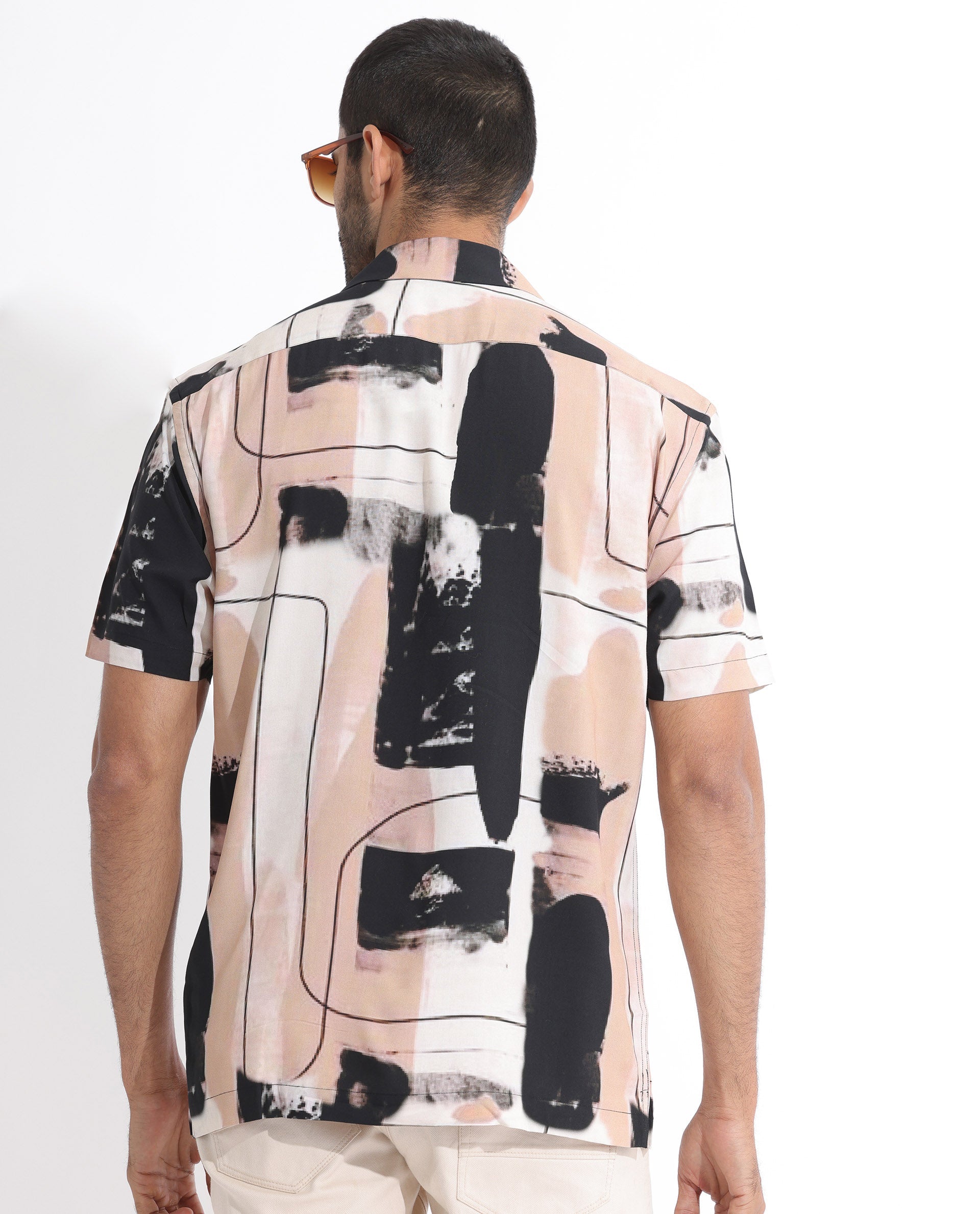 Rare Rabbit Men's Bexley Beige Viscose Abstract Print Regular Fit Half Sleeve Cuban Collar Shirt