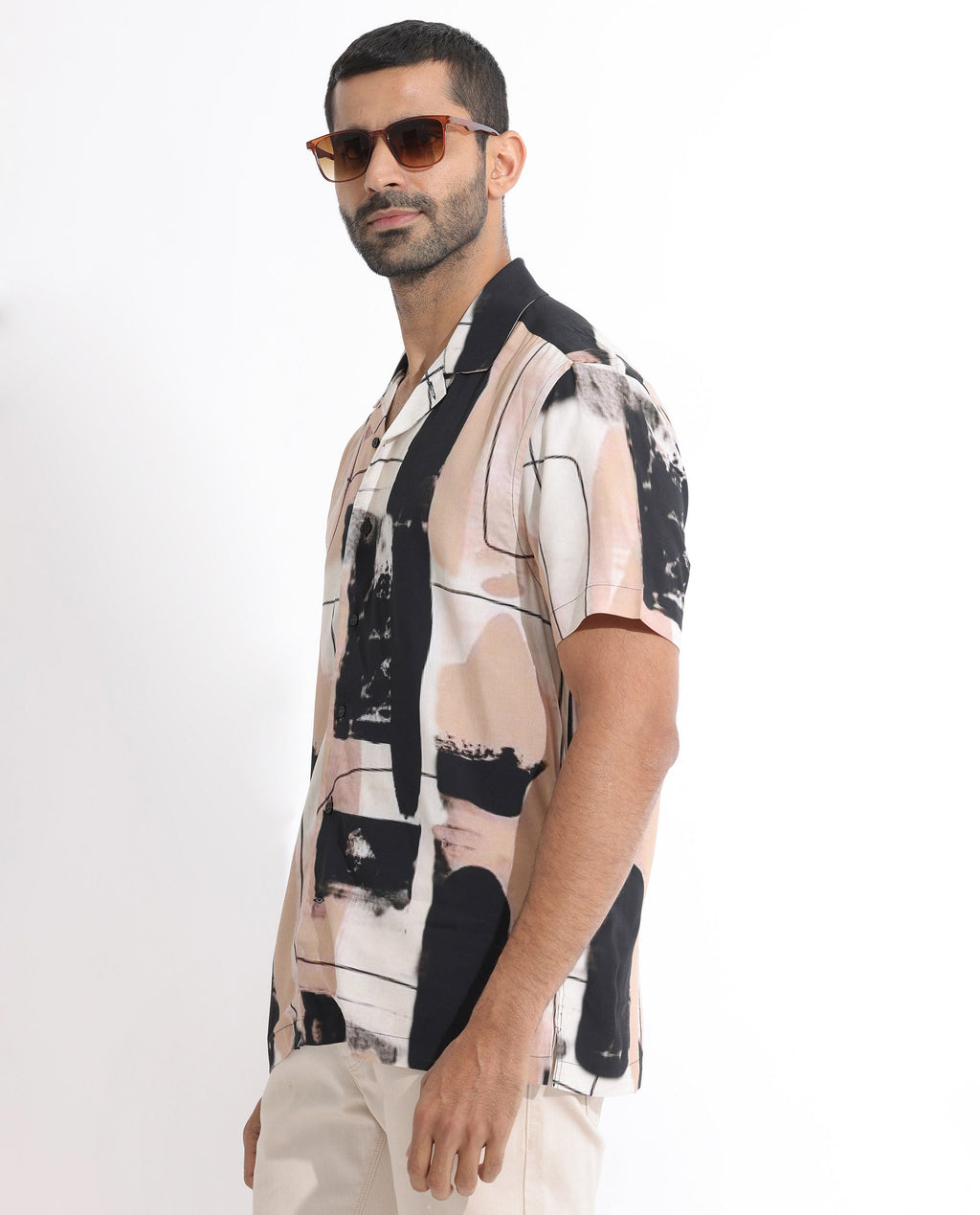 Rare Rabbit Men's Bexley Beige Viscose Abstract Print Regular Fit Half Sleeve Cuban Collar Shirt