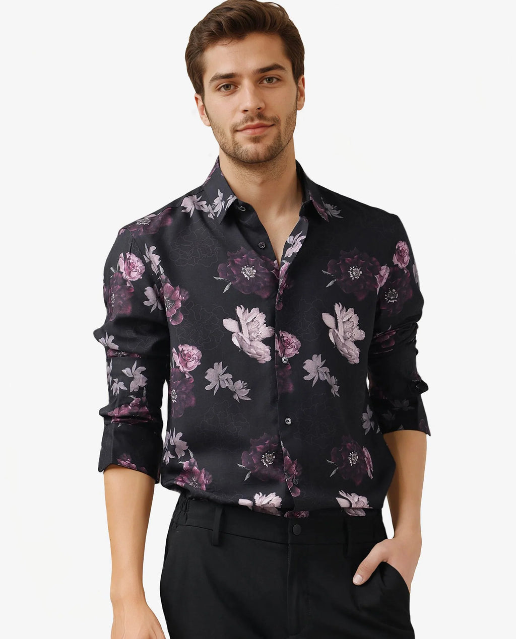 Rare Rabbit Men's Boro Purple Viscose Floral Print Regular Fit Full Sleeve Collared Shirt