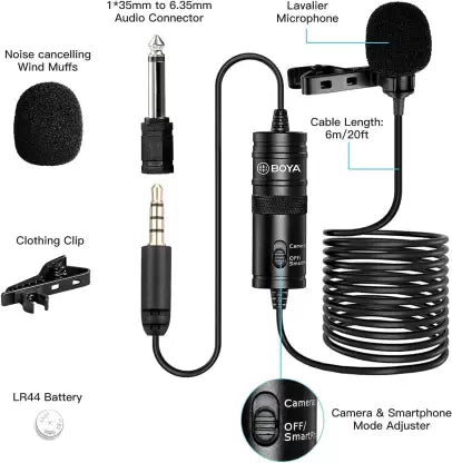 BOYA By-m1 3.5mm Electret Condenser Microphone with 1/4" Adapter for Smartphones, DSLR, Camcorders Microphone