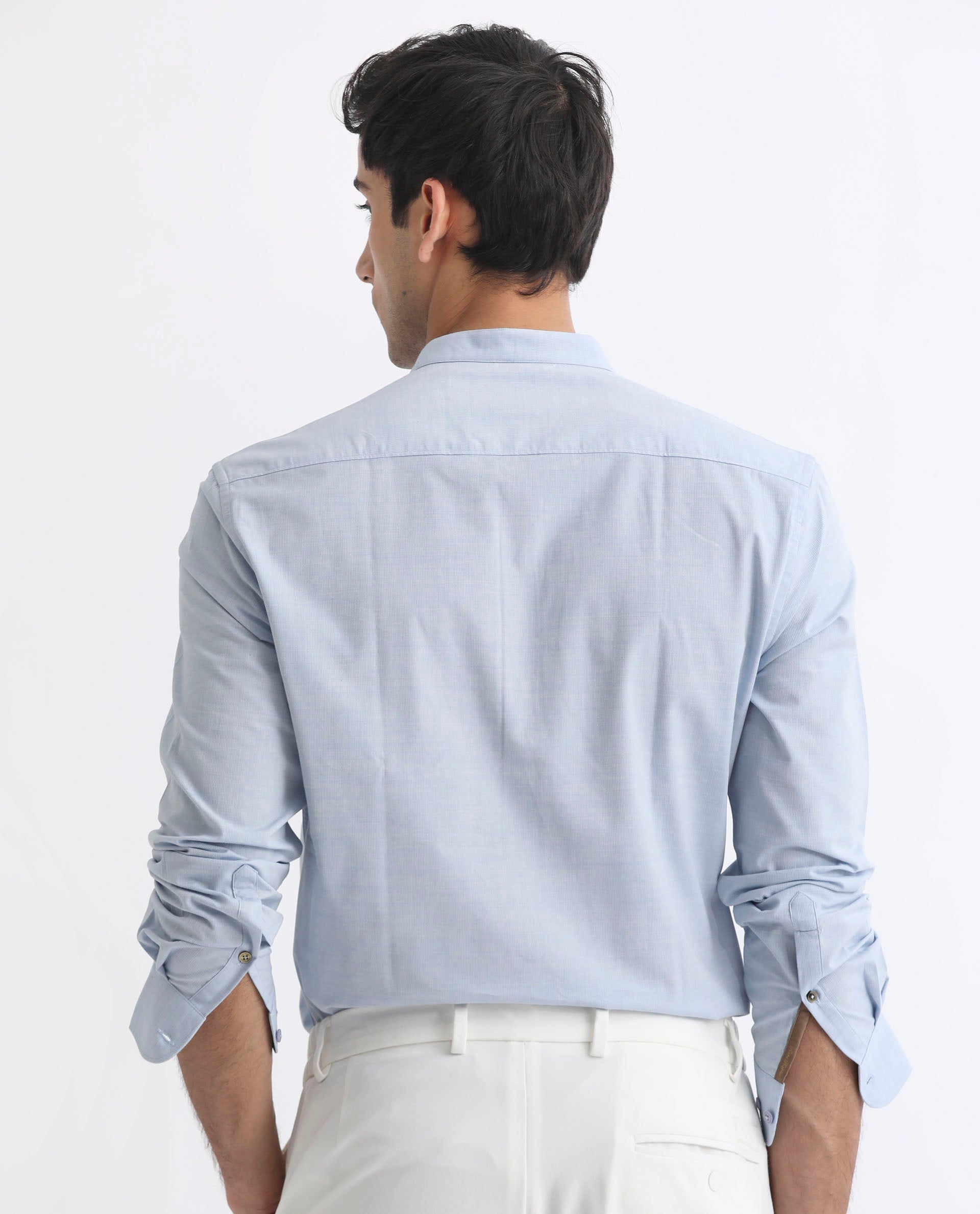 Rare Rabbit Men's Cadmi Light Blue Cotton Plain Regular Fit Full Sleeve Mandarin Collar Shirt