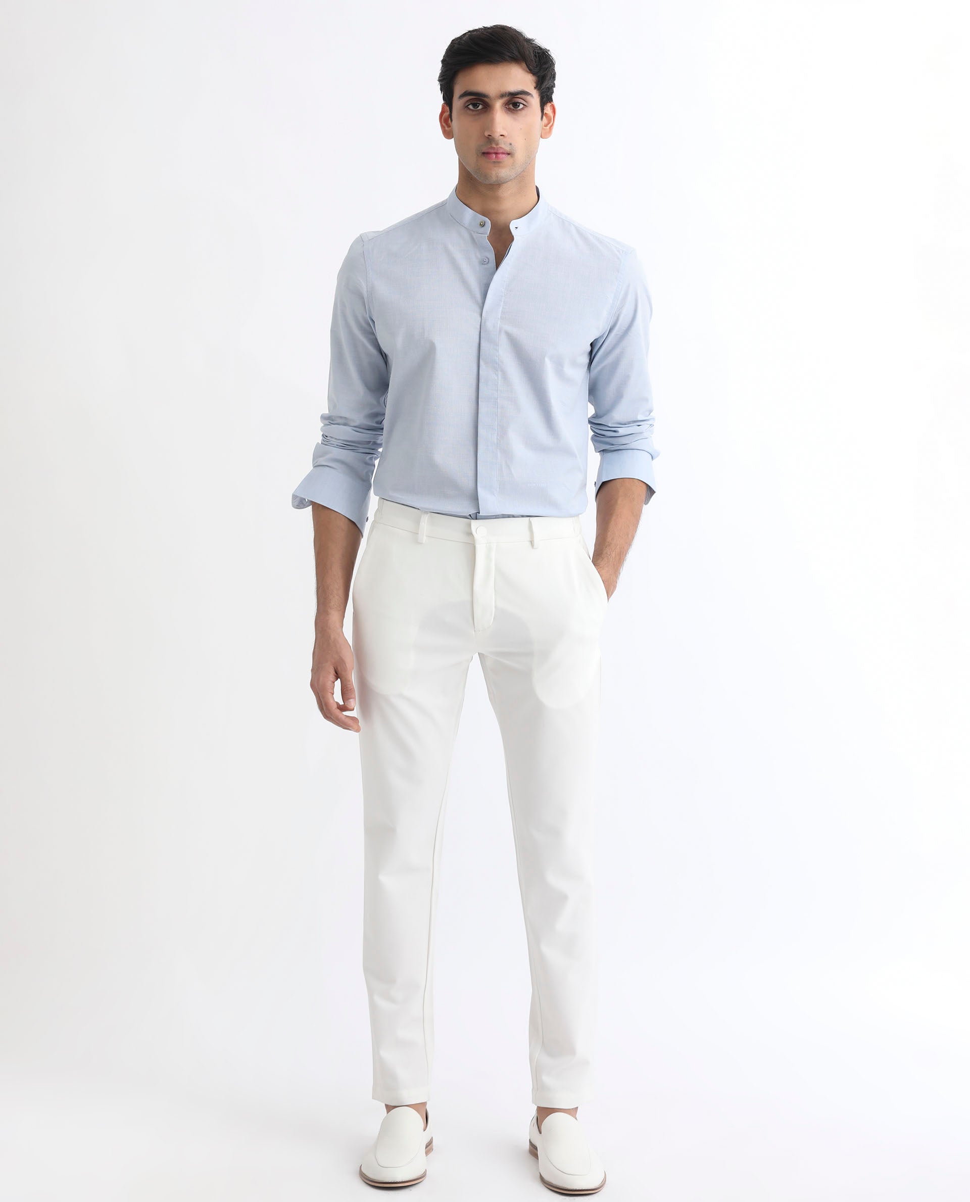 Rare Rabbit Men's Cadmi Light Blue Cotton Plain Regular Fit Full Sleeve Mandarin Collar Shirt