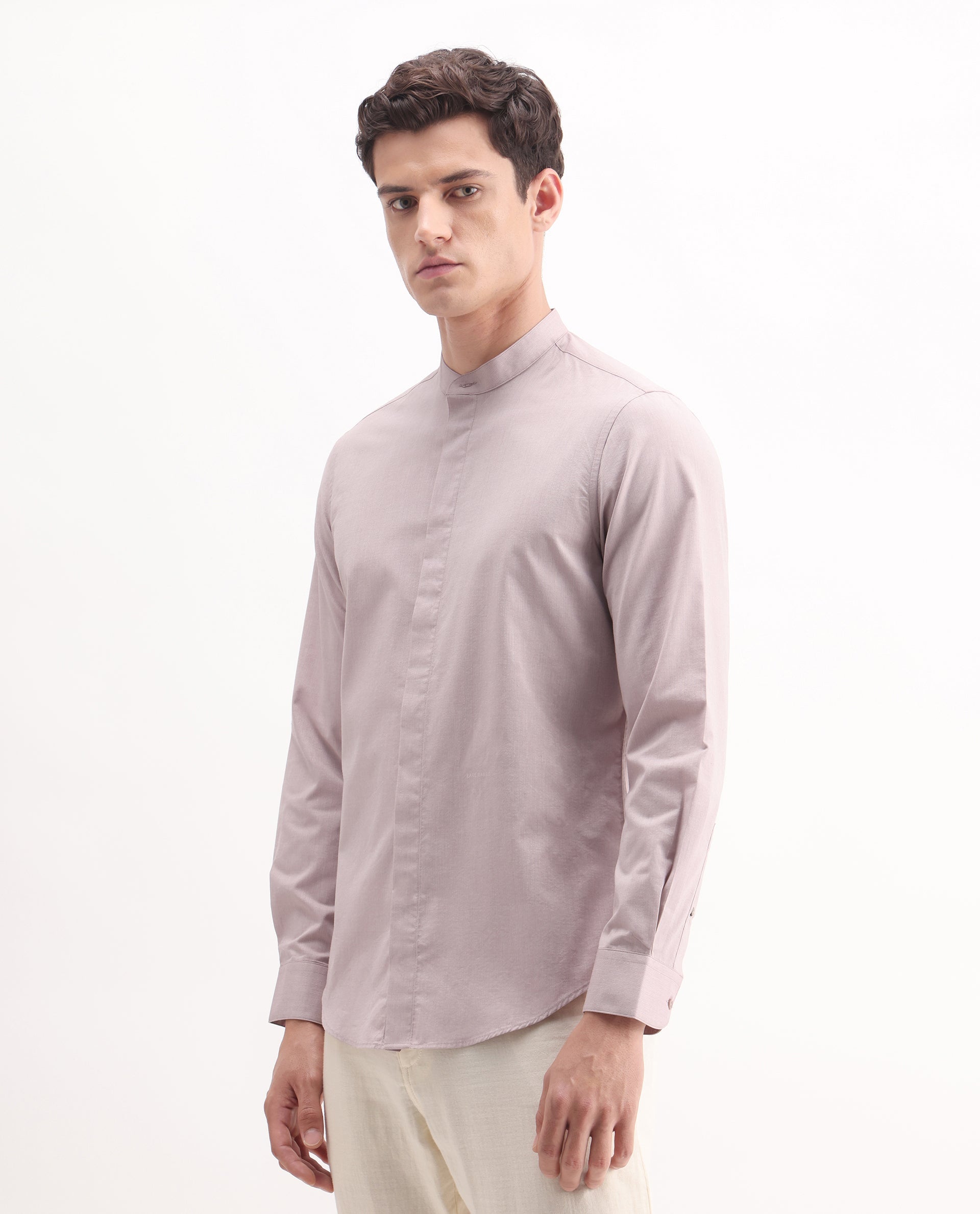 Rare Rabbit Men's Cadmi Light Pink Cotton Plain Regular Fit Full Sleeve Mandarin Collar Shirt