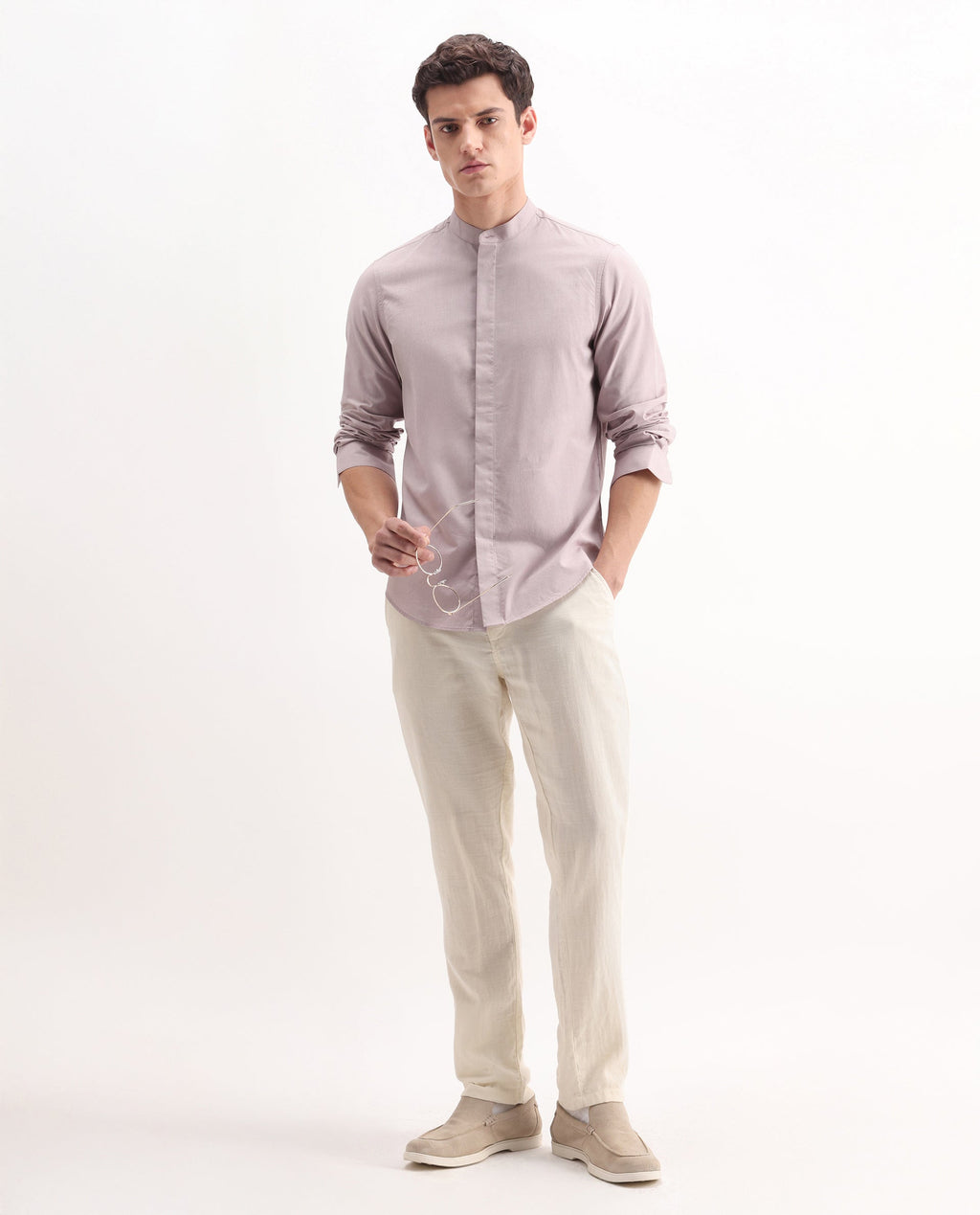Rare Rabbit Men's Cadmi Light Pink Cotton Plain Regular Fit Full Sleeve Mandarin Collar Shirt