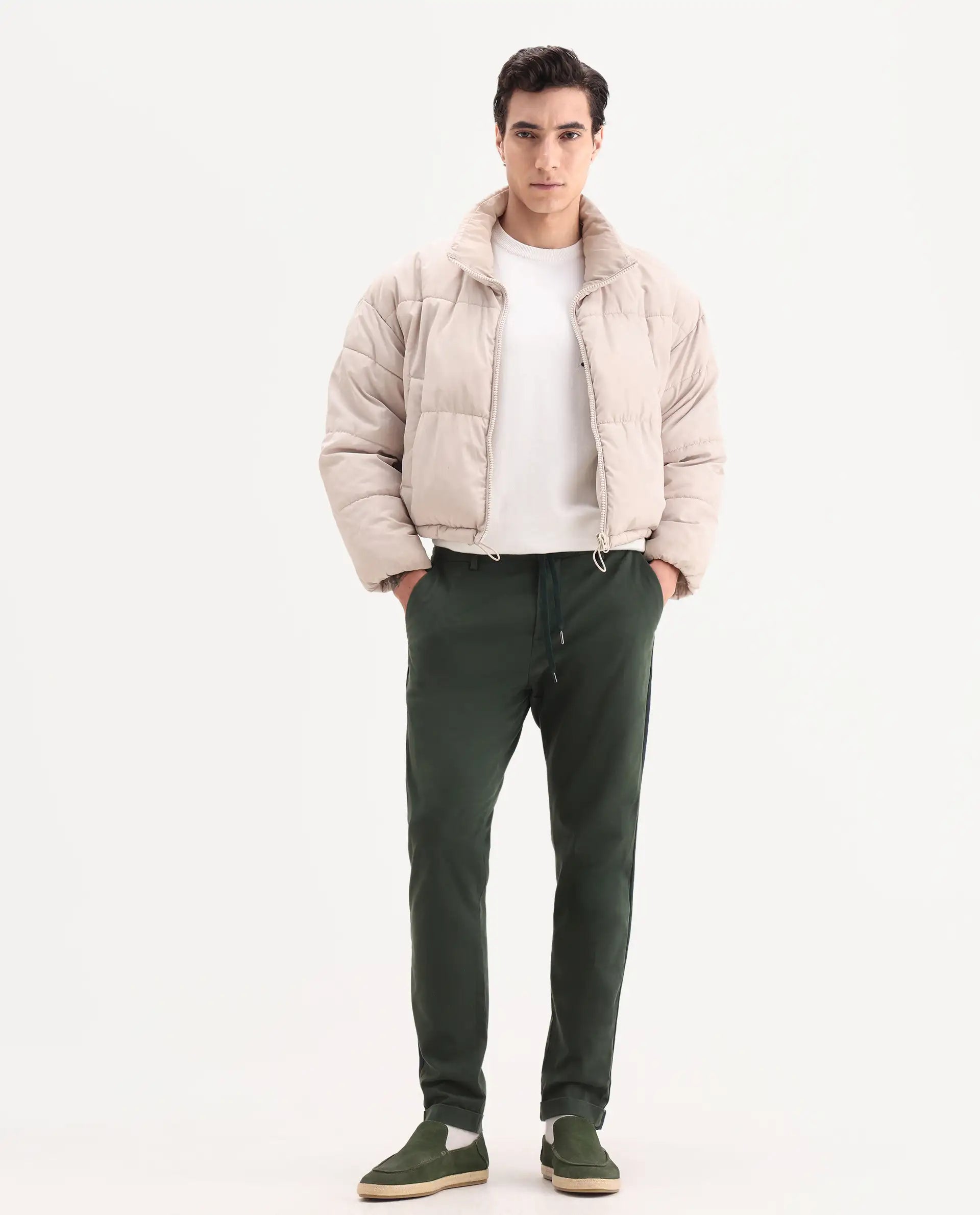 Rare Rabbit Men's Caloon Green Cotton Blend Plain Regular Fit Trouser