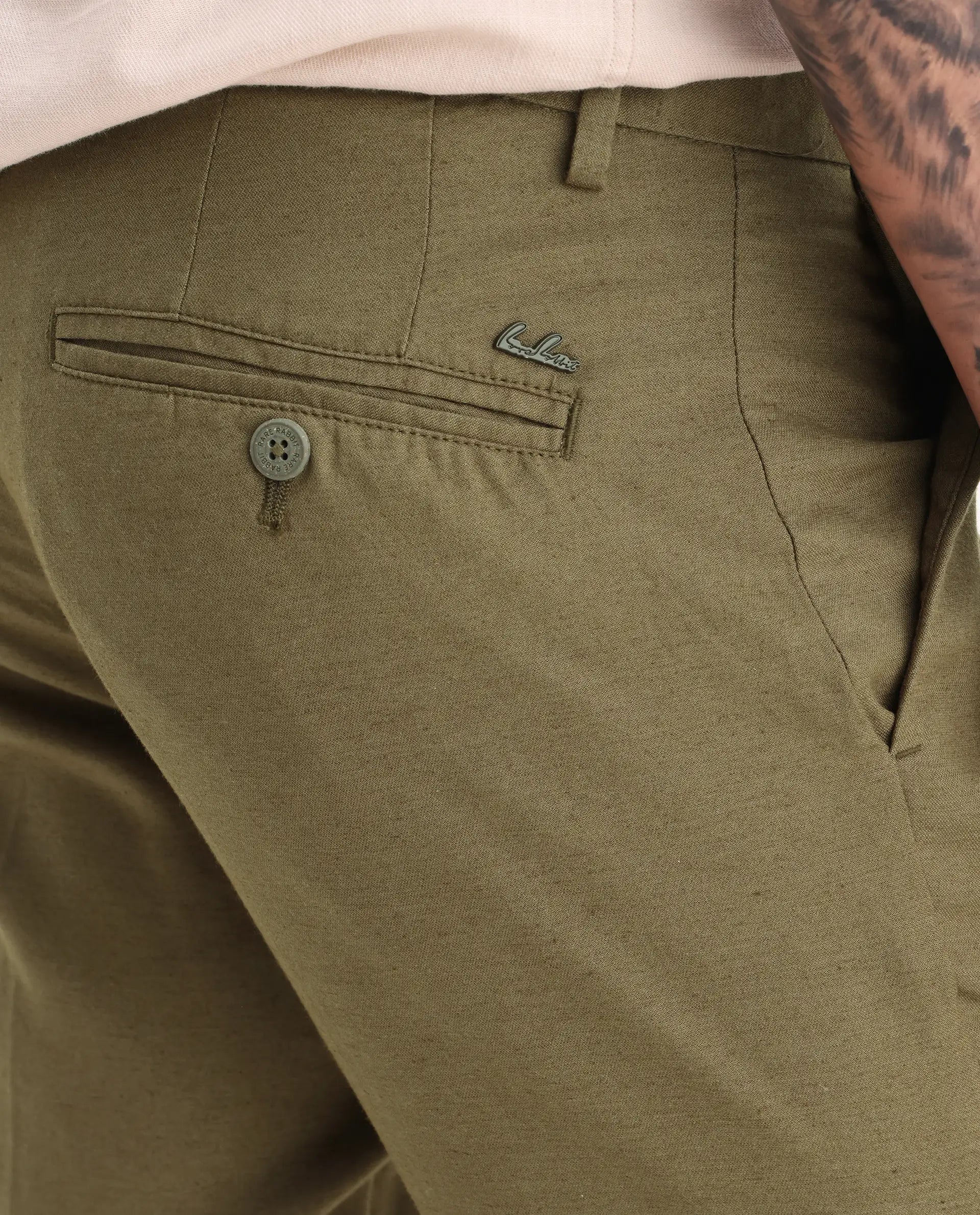 Rare Rabbit Men's Cameo Olive Linen Plain Regular Fit Trouser