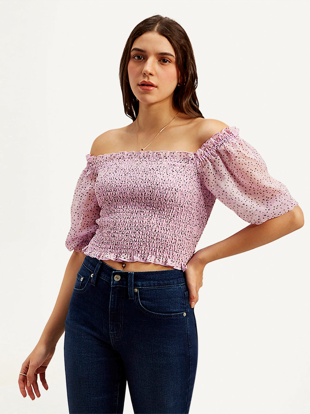 Women's Floral Light-Pink Off Shoulder Top