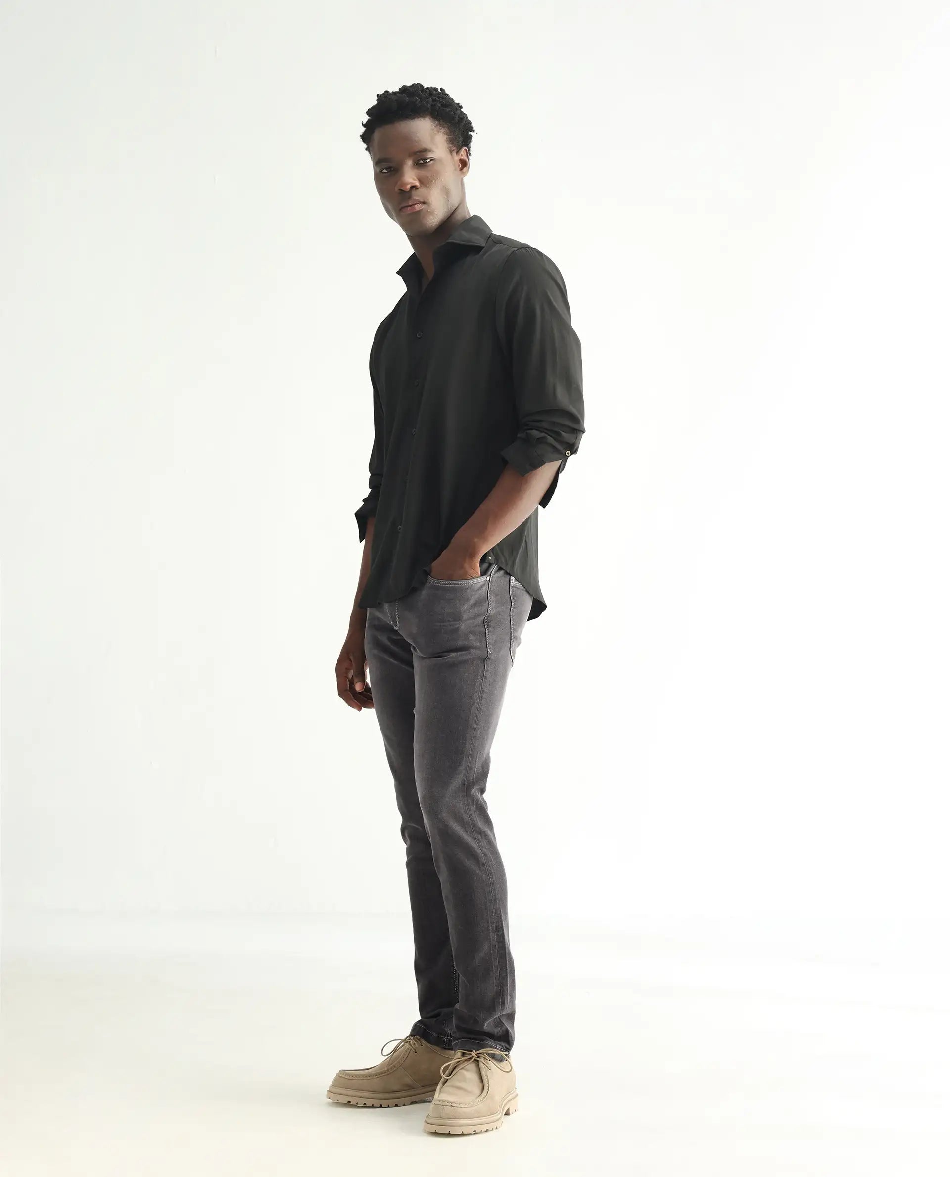 Rare Rabbit Men's Celebi Grey Cotton Plain Hawk Slim Fit Jeans