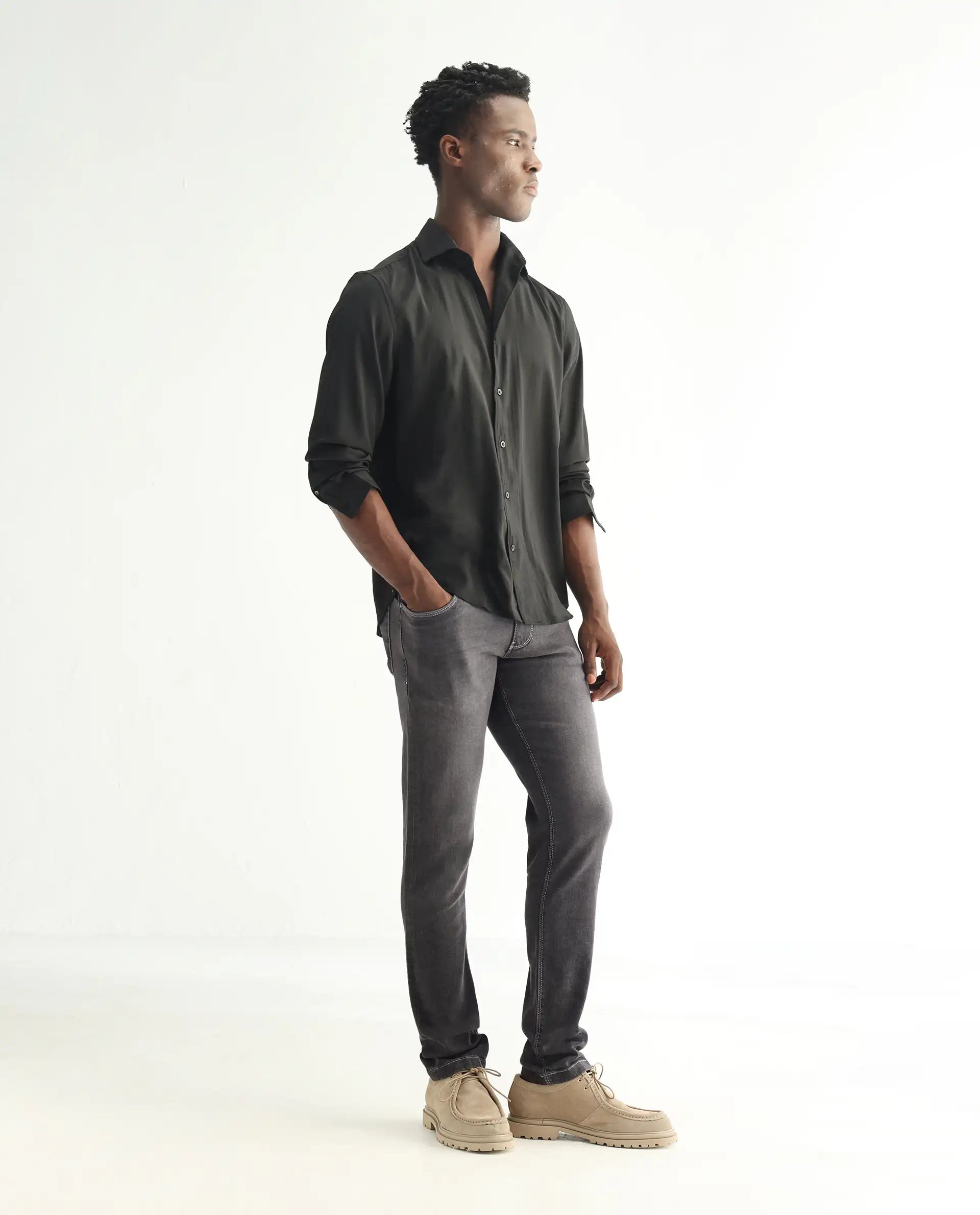 Rare Rabbit Men's Celebi Grey Cotton Plain Hawk Slim Fit Jeans