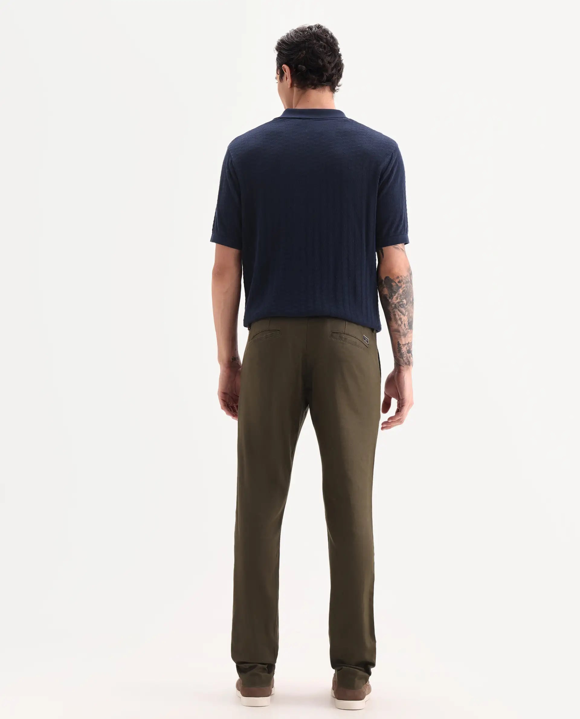 Rare Rabbit Men's Cellular Olive Cotton Plain Regular Fit Trouser