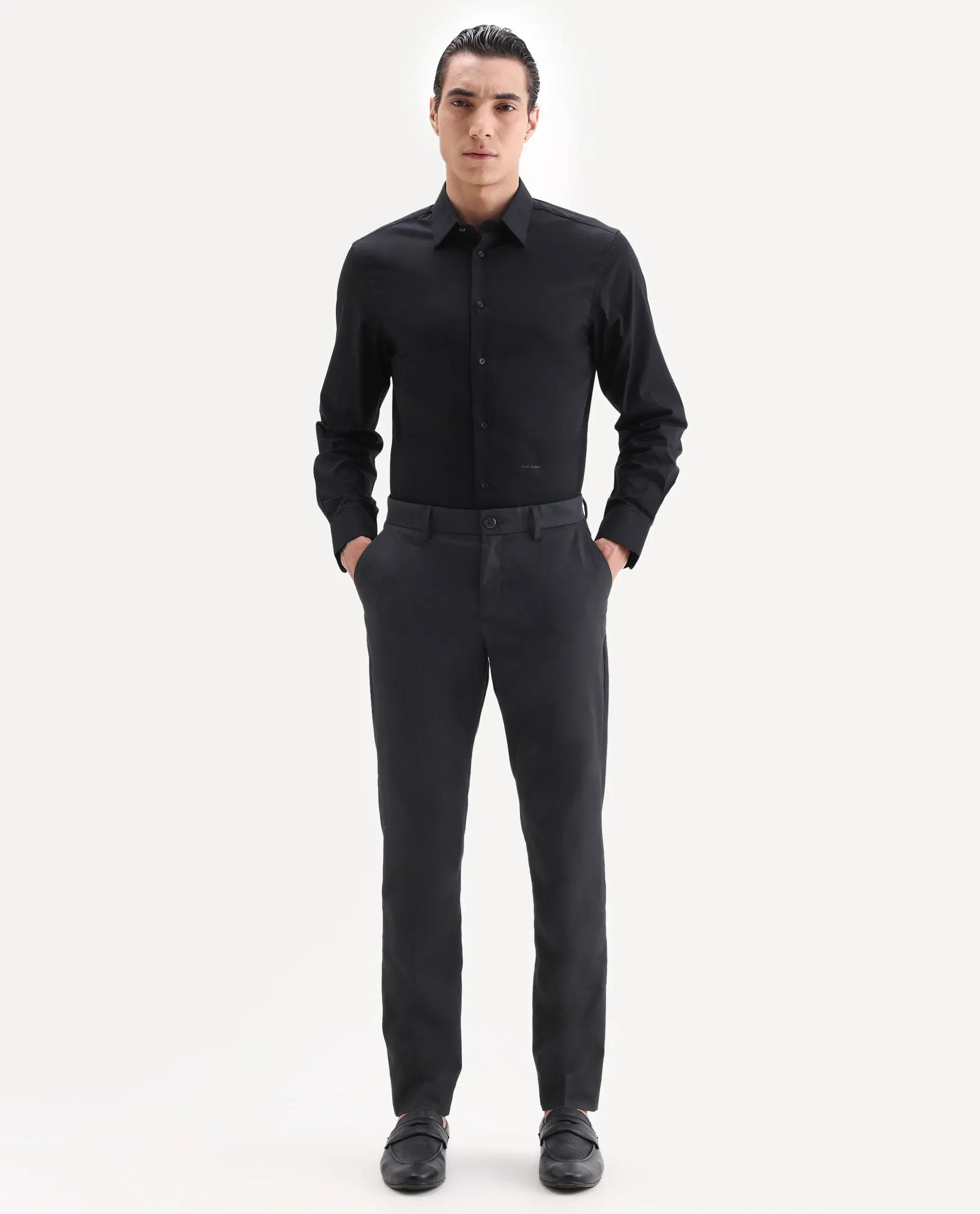 Rare Rabbit Men's Chamer Black Polyester Plain Regular Fit Trouser