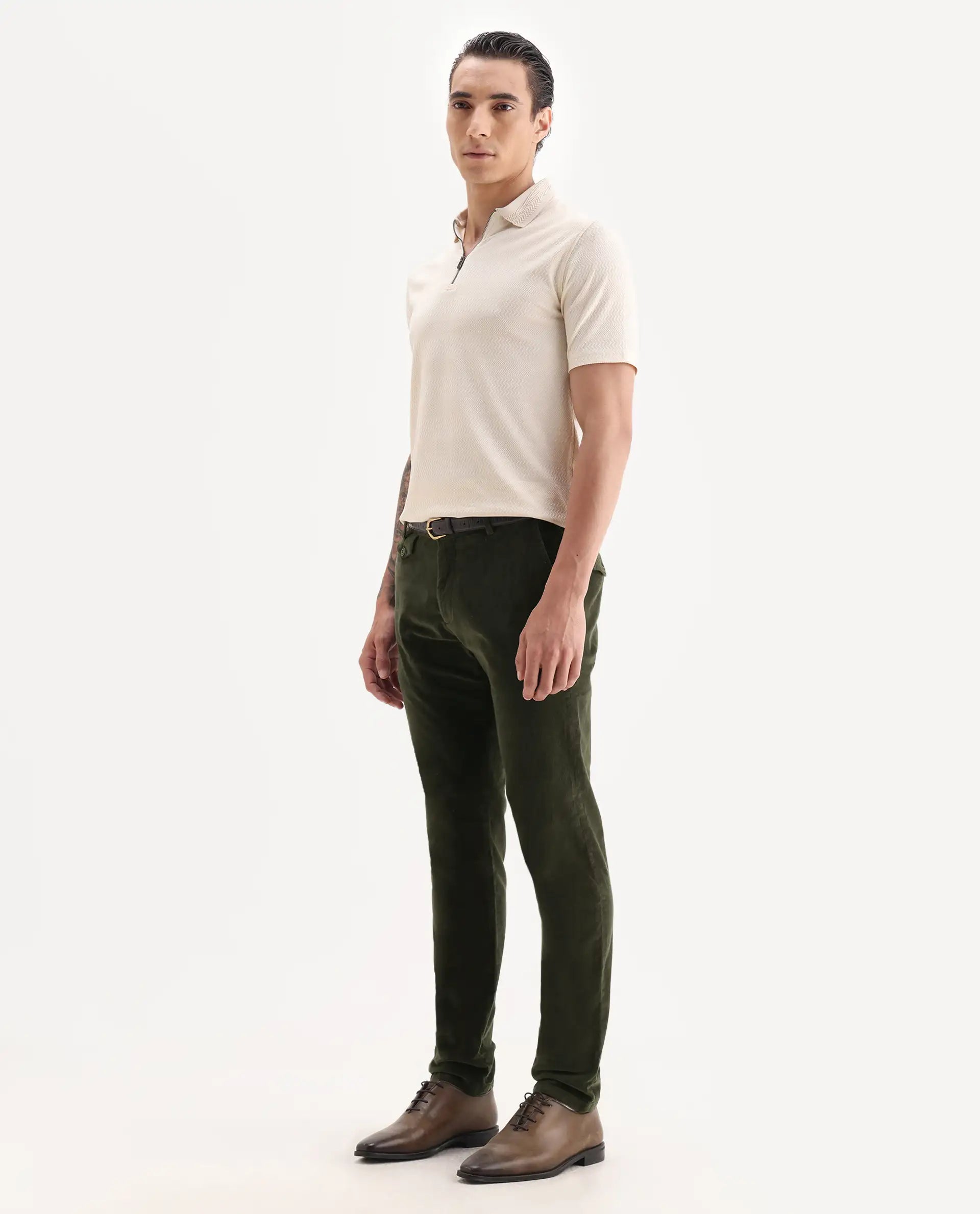 Rare Rabbit Men's Cloy Olive Cotton Plain Regular Fit Trouser