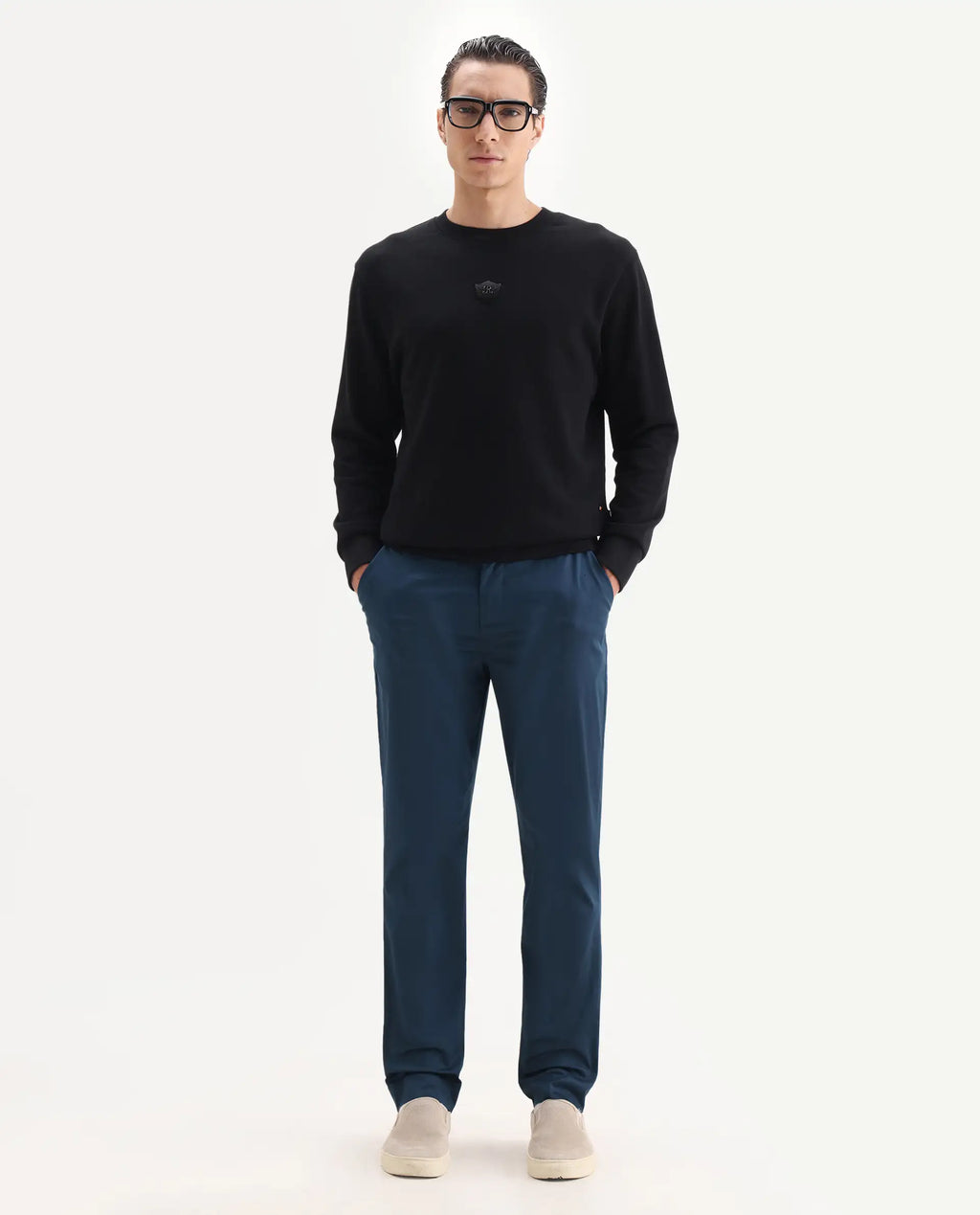 Rare Rabbit Men's Comotel Teal Cotton Blend Plain Regular Fit Trouser